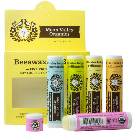 Moon Valley Organics Beeswax Lip Balm for Moisturizing Lips and Cuticles (Vanilla | Lime | Honey | Blackberry | Mint Vanilla, 5-Pack)