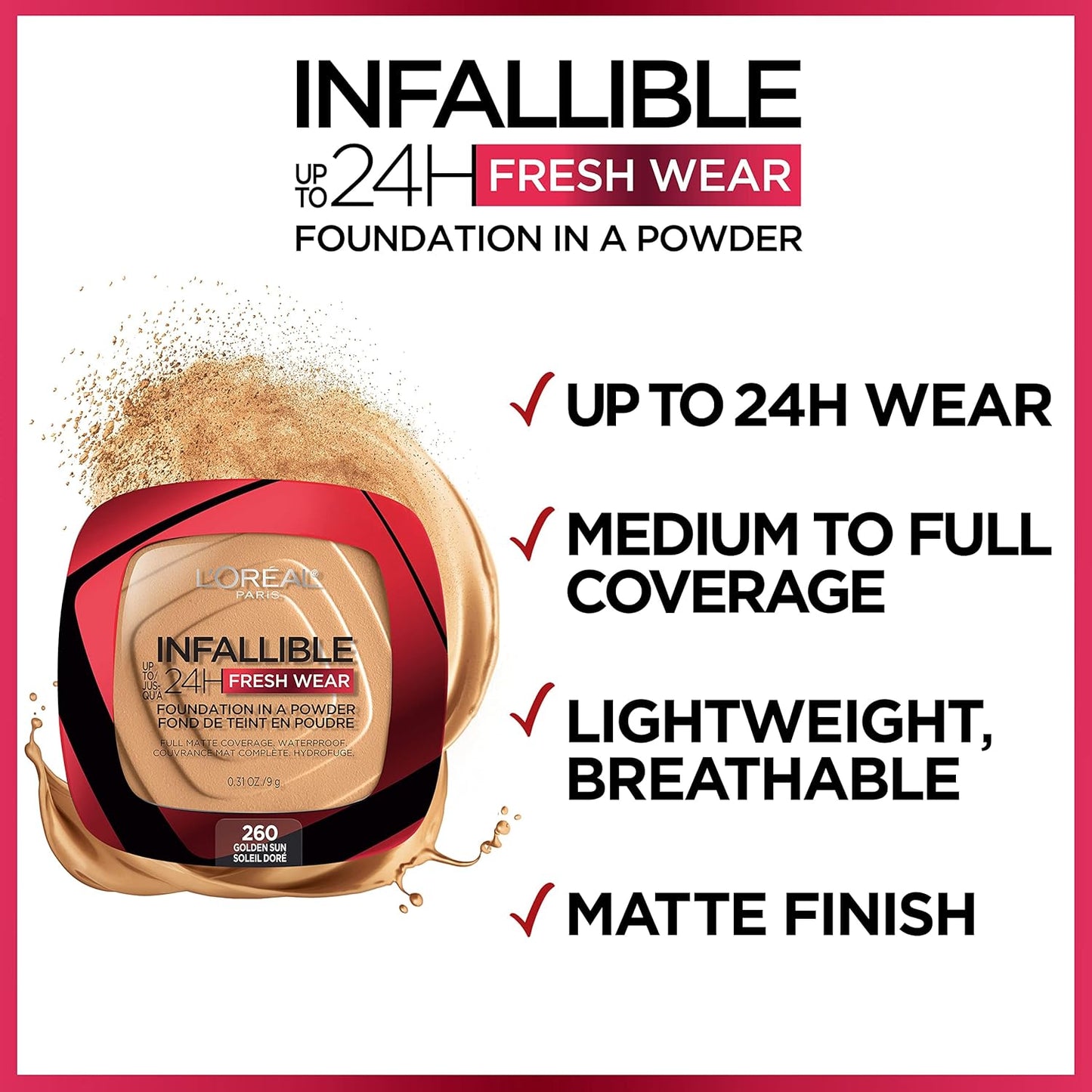 L'Oreal Paris Makeup Infallible Fresh Wear Foundation in a Powder, Up to 24H Wear, Waterproof, Golden Beige, 0.31 oz.