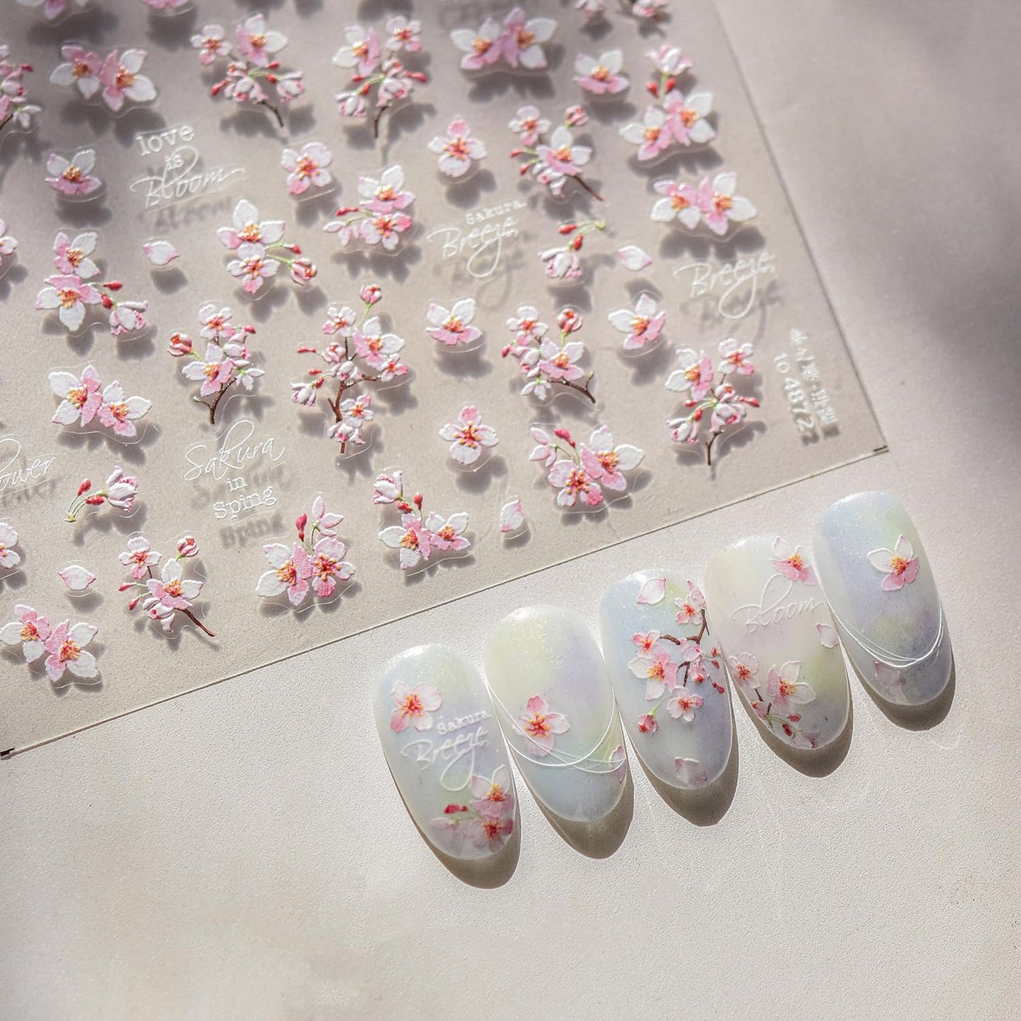 Cherry Blossoms Nail Art Stickers Pink White Flowers Nail Decals for Acrylic Nails 5D Embossed Self-Adhesive Flower Designs Nail Sticker Spring Summer Cute Floral Nail Decal for Women DIY Nail Decor