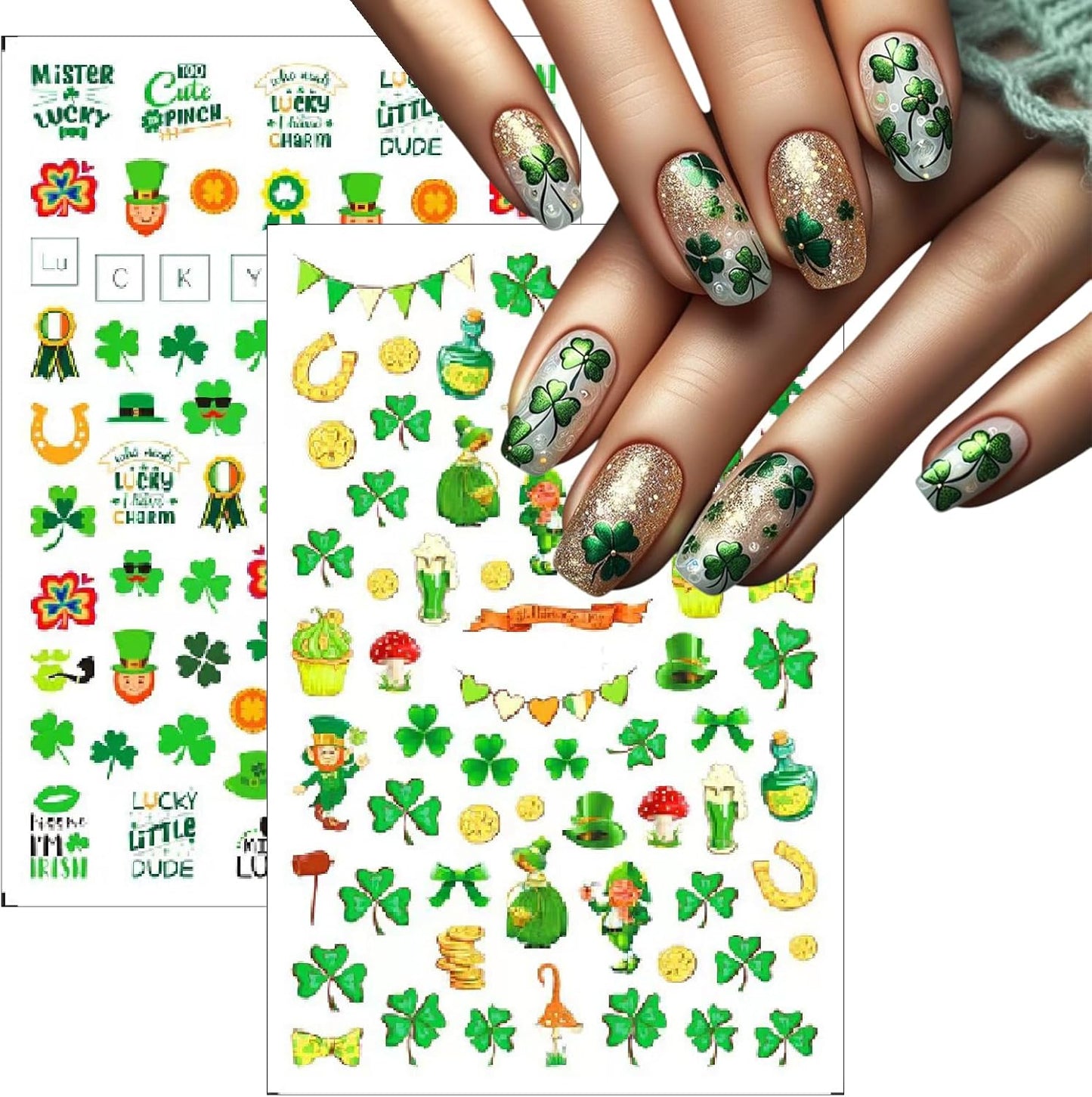 10 Sheets St. Patrick's Nail Art Stickers Green Shamrock 3D Self-Adhesive Four-Leaf Clover Nail Decoration Formal Hat Flag Nail Decals Lucky for Women Irish Spring Summer Design Manicure Decor