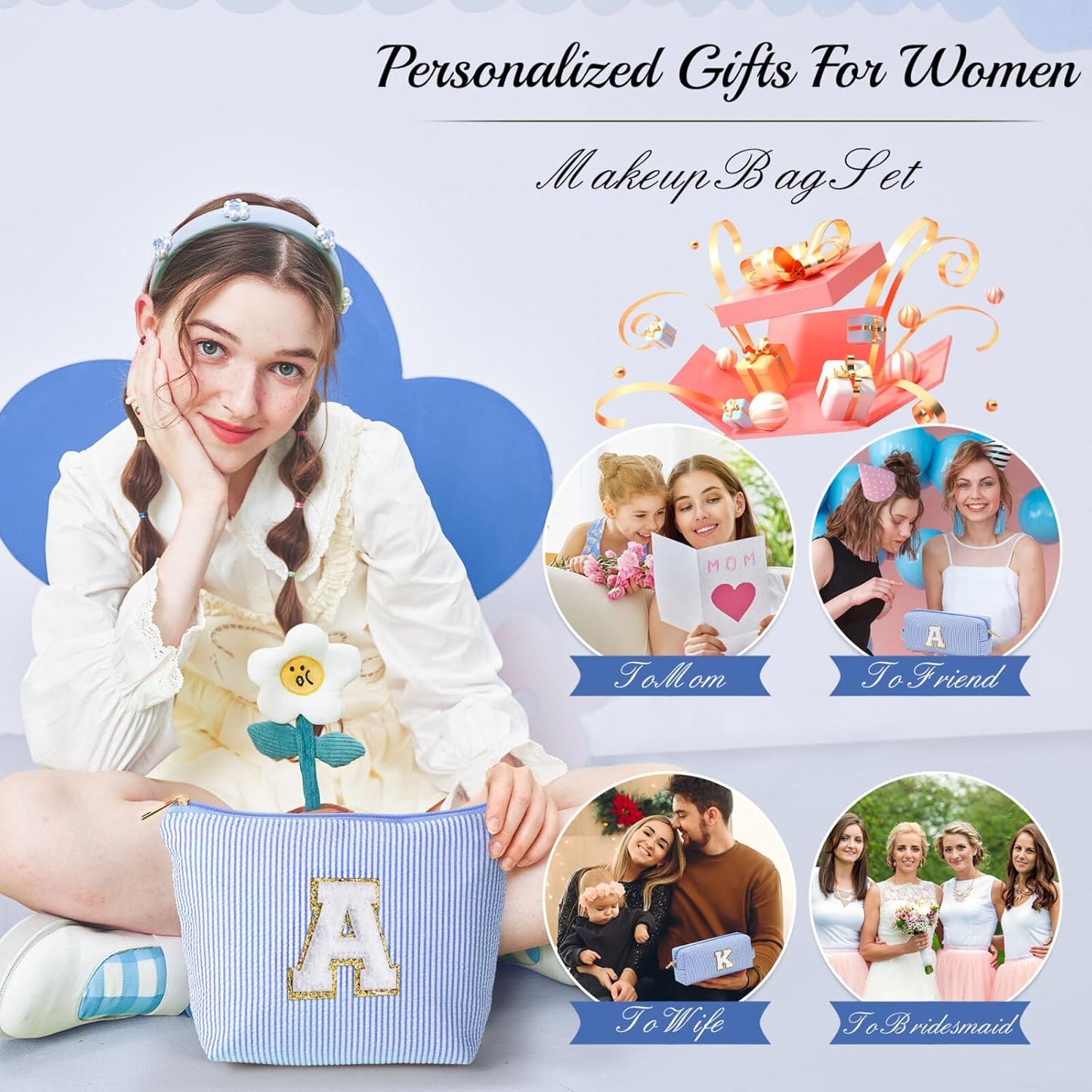 YOOLIFE Initial Makeup Bag Gifts - 2 Pieces Make Up Bag Makeup Pouch Travel Makeup Bag Cosmetic Bags for Women Makeup Organizer Bag Small Makeup Brush Bag Women Gifts Daughter Gifts for Women Letter V