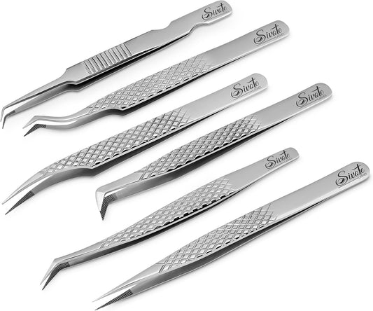 SIVOTE Eyelash Extension Tweezers Fiber Tips Japanese Steel, Set of 6 – Curved, Dolphin, 90° 45° Volume Boot & Slight Curved Tweezer – Professional Lash Tweezers for Lash Extensions Silver