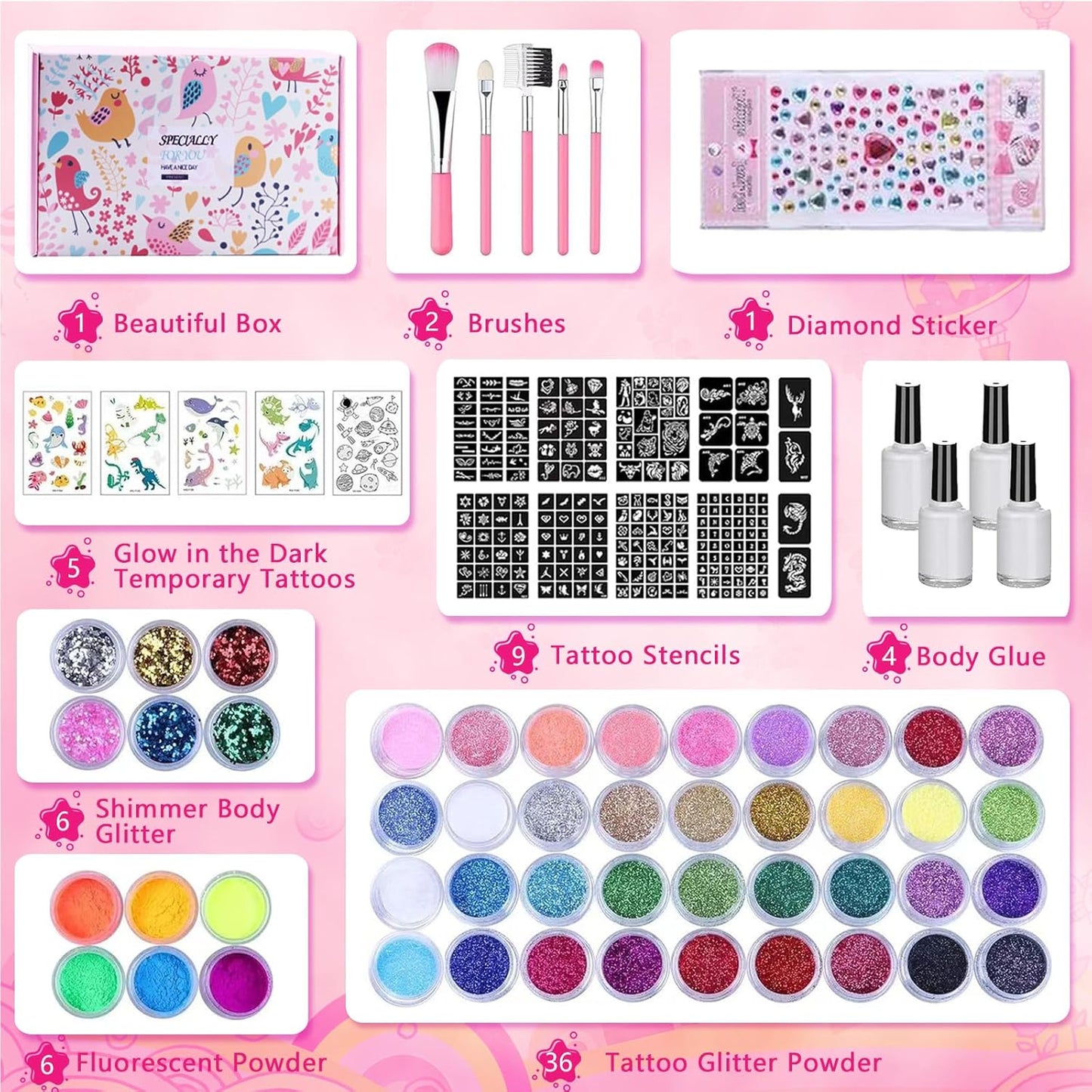 Temporary Glitter Tattoos Kit Kids, 48 Colors Powder with 209 Temporary Tattoo Stencils and 5 Luminous Tattoo Stickers, Body Nail Arts and Craft Glitter Make Up Kit, Gifts for Girl Boy Party
