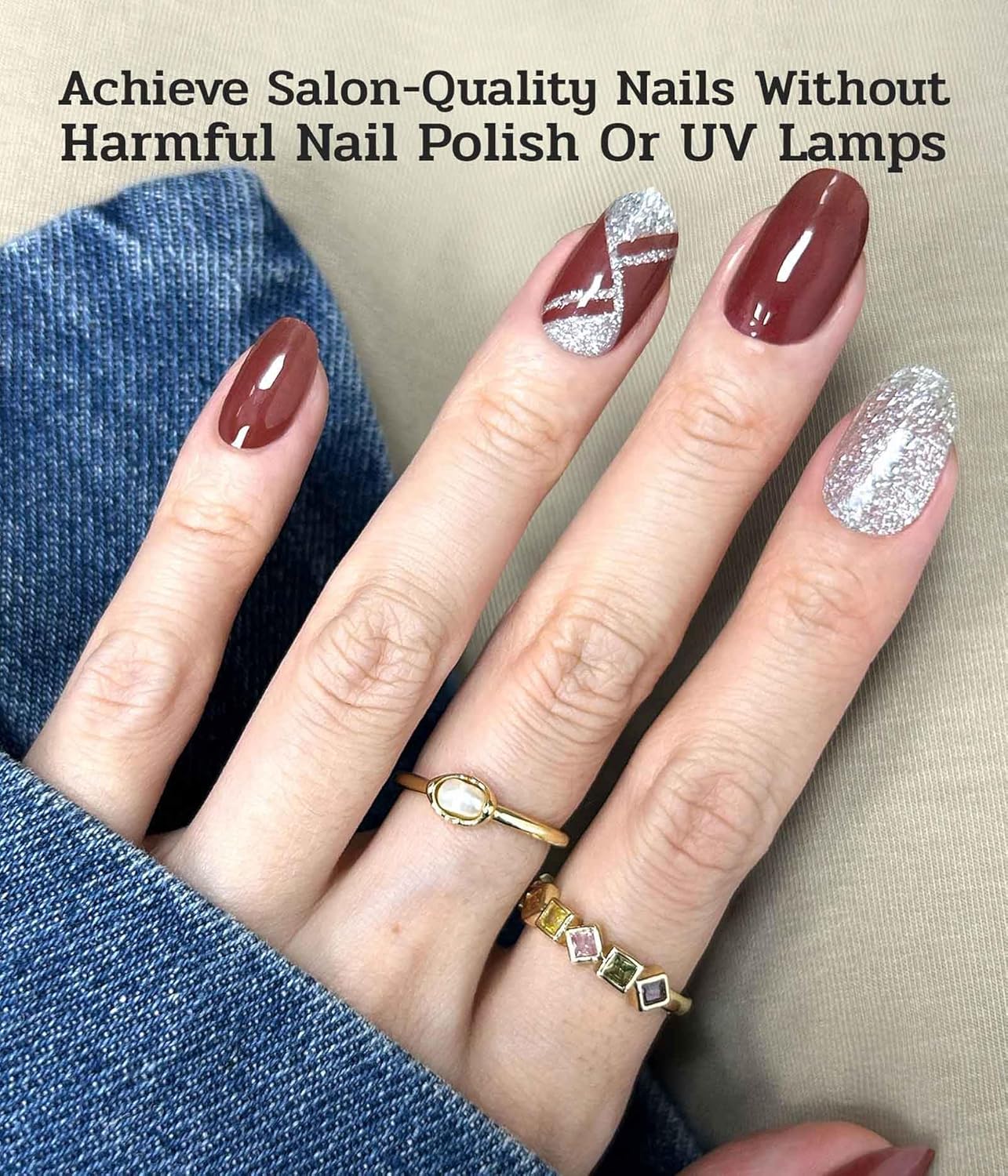 Nail Polish Strips - 22 Pcs Salon Quality Gel Nail Stickers - Long Lasting Wraps (Cherry Mocha Glitter)