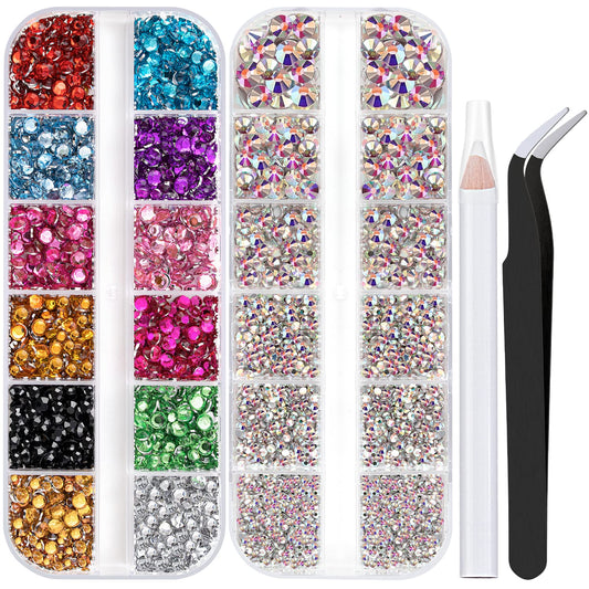 Two Packs of Flatback Rhinestones 4520 Pcs Colorful Nail Art Flatback Crystal Colorful+AB Rhinestone with Picker Pencil and Tweezer for Nail Art and Decoration