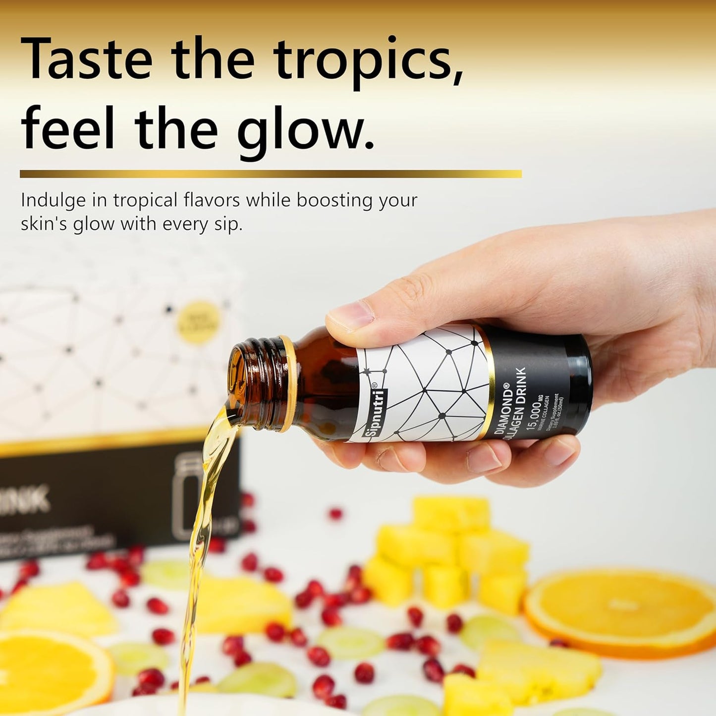 Diamond Liquid Collagen Drink, 15000 mg Hydrolyzed Marine Collagen Peptides with Vitamin C, Pomegranate, Healthy Hair Skin Nails Joints Bones Support, 50 ml x 10 Bottles (3 Boxes)