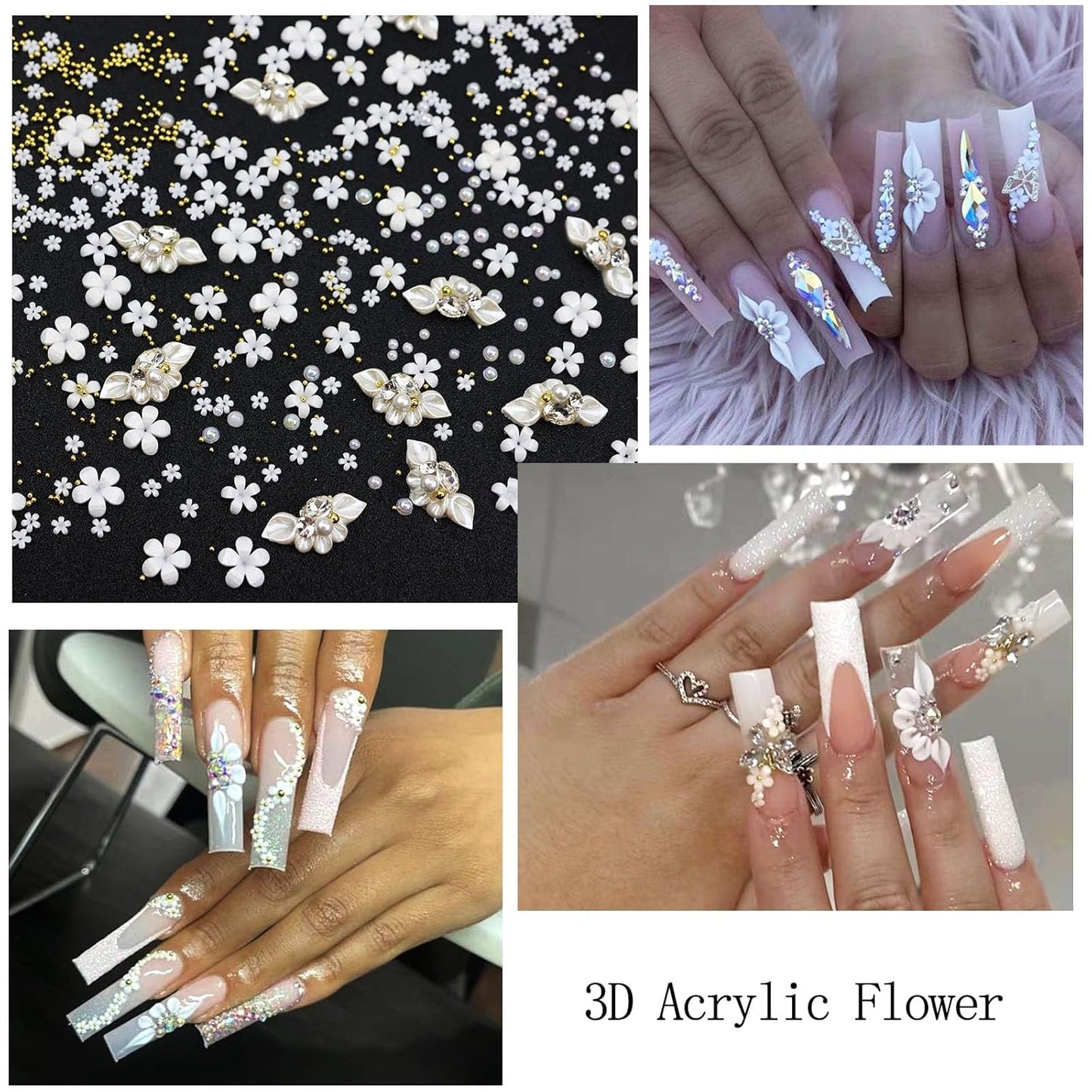 Rhinestones for Nails, Nail Art Charms 3D Flower Nail Charms for Acrylic Nails White Gold Supplies Luxurious Gems Rhinestones Pearls Design Accessories for Women Manicure Decorations