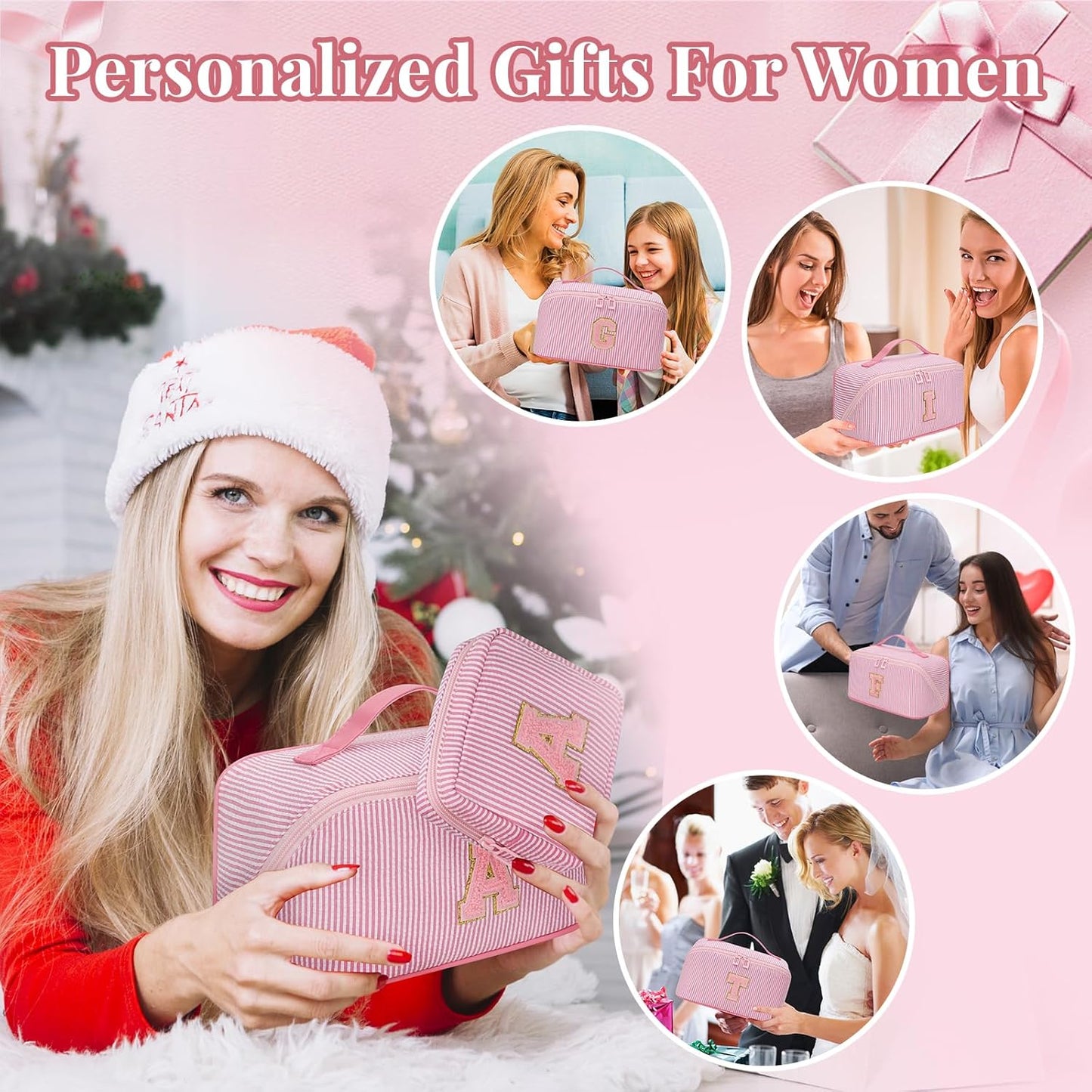 Travel Makeup Bag for Women, 2Pcs Portable Personalized Initial Makeup Organizer Bag, Open Flat Large Cosmetic Bag With Travel Essential Pouch (Pink Letter R)