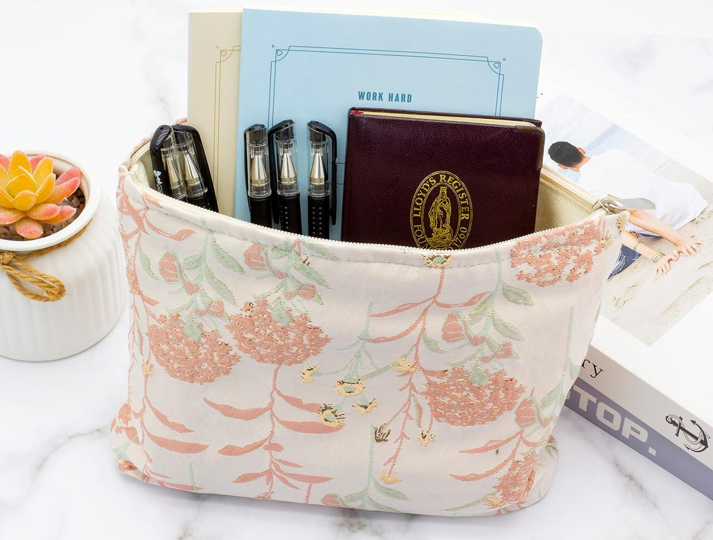 Makeup Bags for Purse Zipper Cosmetic Pouch Large Travel Canvas Make Up Organizer Tool Pouch for Women and Girls,Brocade Flower Pink