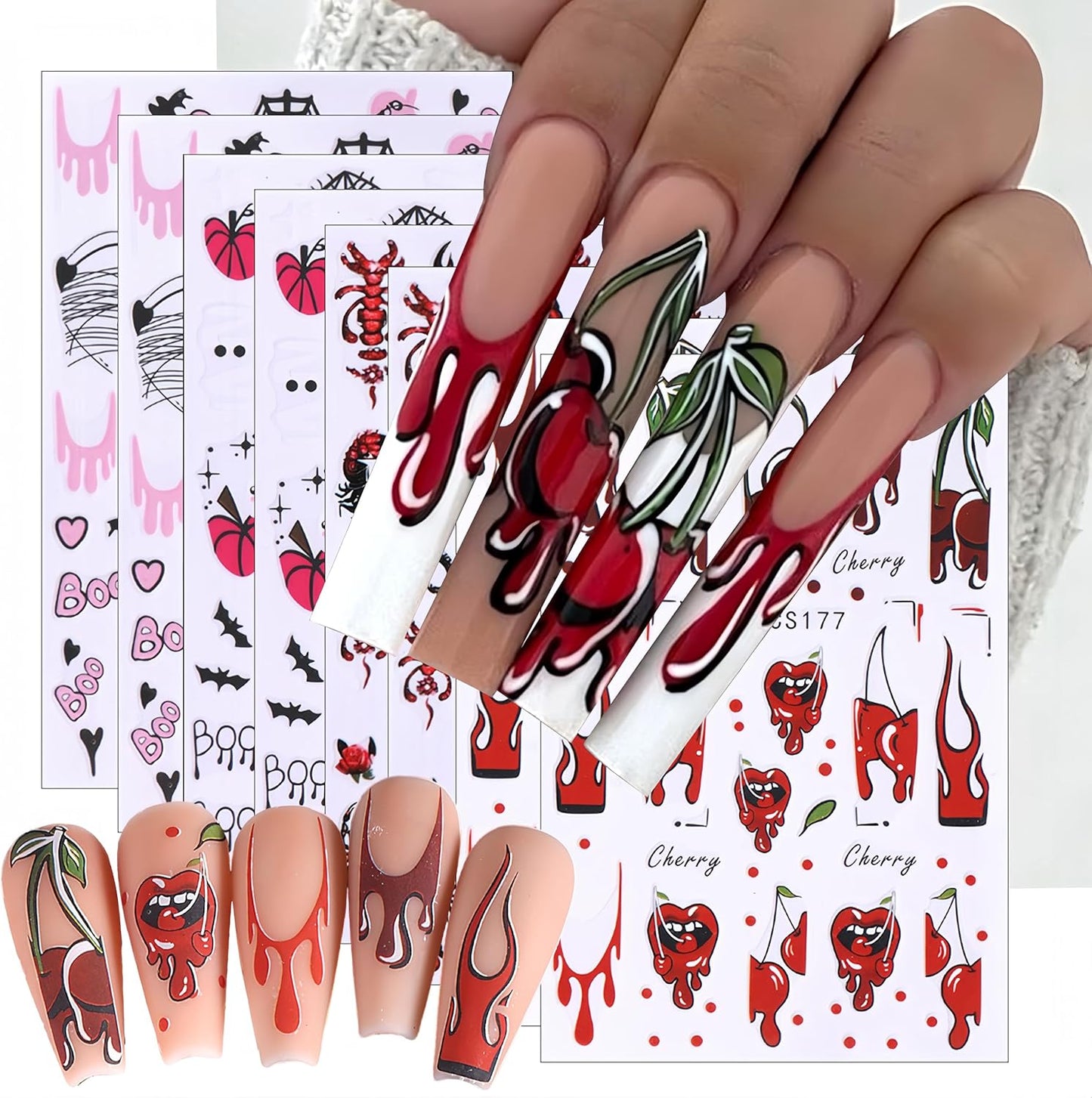 8 Sheets Halloween Nail Art Stickers 3D Self-Adhesive Pink Pumpkin Spider Web Ghost Scar Nail Decals Cute Design Nail Decals for Women Girls DIY Nail Designs Supplies for Halloween Party