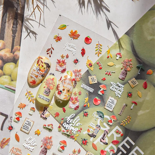 Maple Leaf Nail Stickers Mushroom Fall Nail Art Stickers 3D Self-Adhesive Boots Envelope Nail Designs 5D Embossed Plants Animals Thanksgiving Nails Supplies for Women Holiday DIY Manicure 1 Sheet