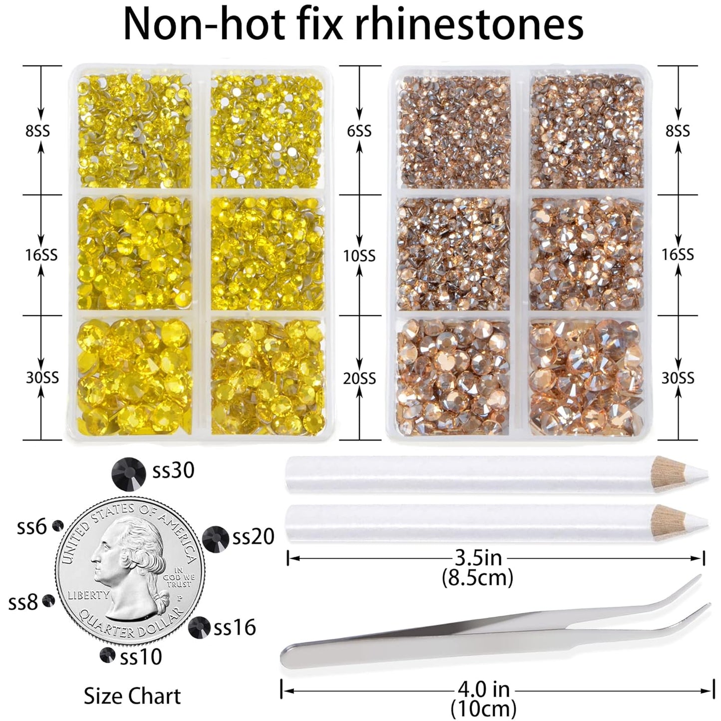 LPBeads 6000 Pieces Citrine and Champagne Non Hotfix Rhinestones 6 Sizes Round Crystal Glass Flat Back Rhinestones with Tweezers and Picking Pen for Nail Art Crafts Clothes Bags DIY