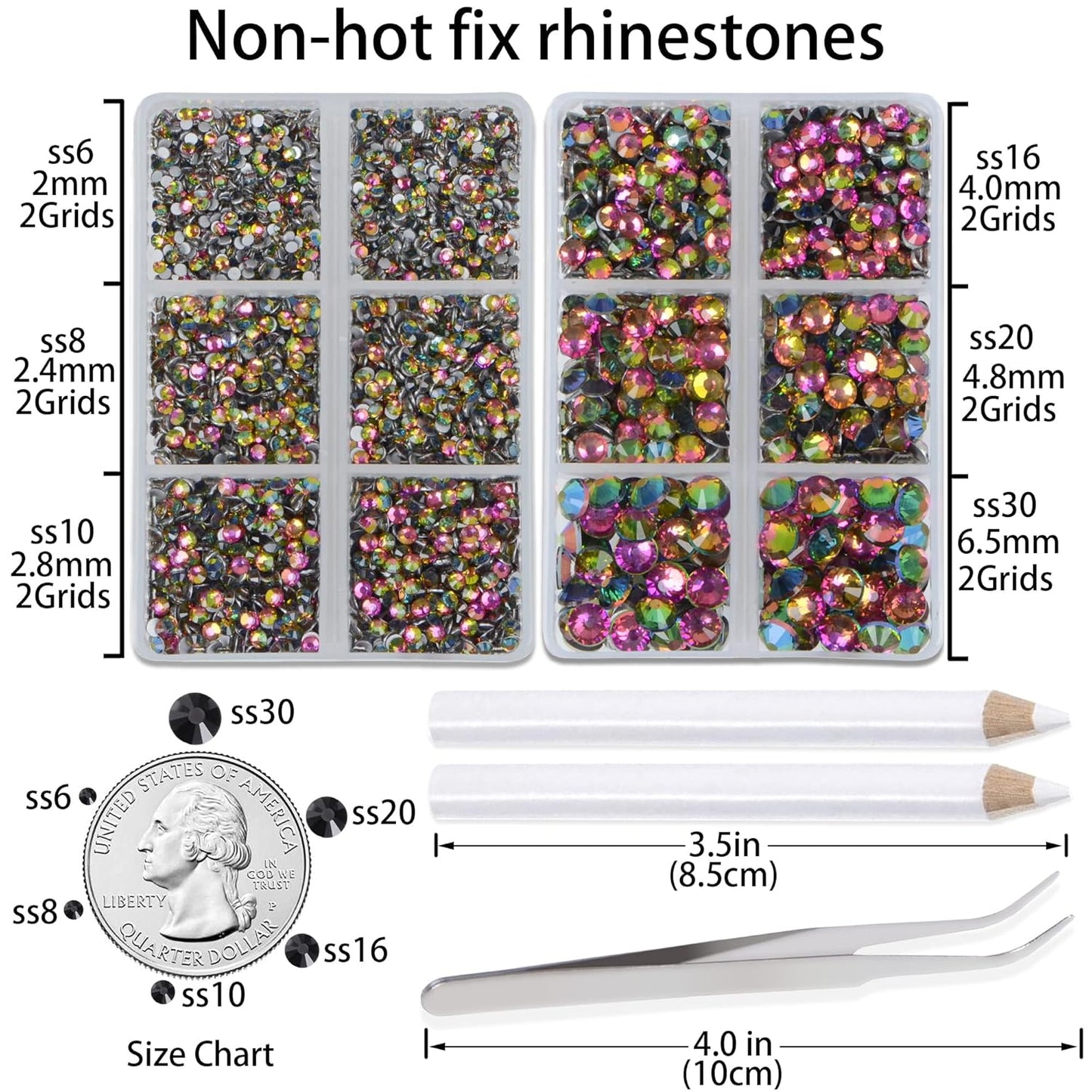 LPBeads 6000 Pieces Vitrail Medium Non Hotfix Rhinestones 6 Sizes Round Crystal Glass Flat Back Rhinestones with Tweezers and Picking Pen for Nail Art Crafts Bags DIY