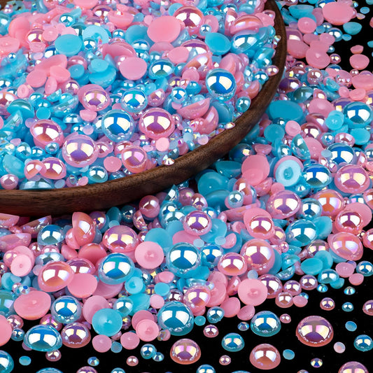 150g Flatback Pearls and Rhinestones Set 6-Pink&Light Blue, Mixed Size 3-10mm Resin Rhinestones and Half Pearls for Nail Art and Crafts and Decoration with Tweezer and Pickup Pencil