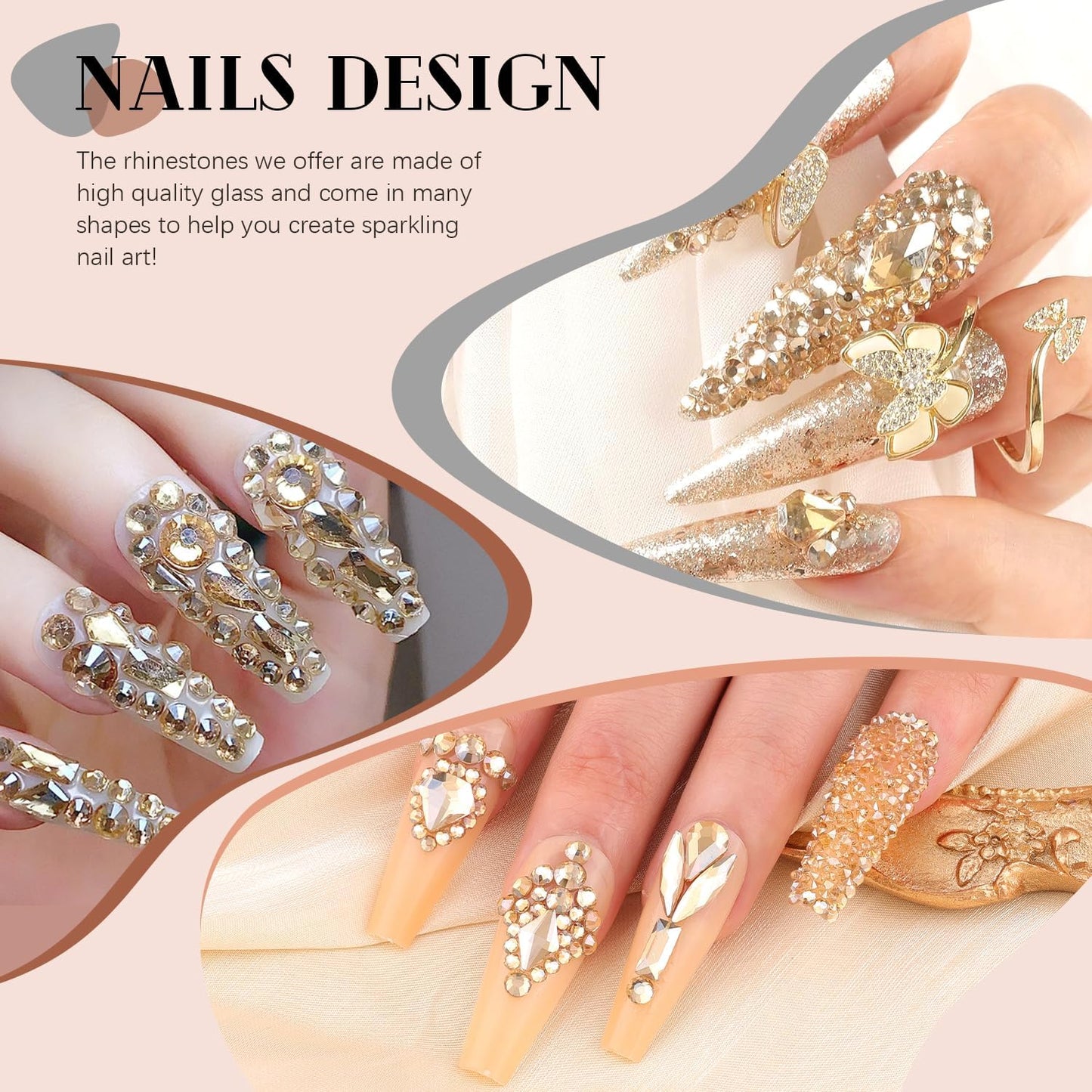 2060Pcs Champagne Gold Glass Nail Rhinestones 60Pcs Multi Shapes Flatback Nail Gems + 2000Pcs 1.5-4mm Round Crystal, Manicure Nail Charms Diamond Gemstone for Acrylic Nails Decoration