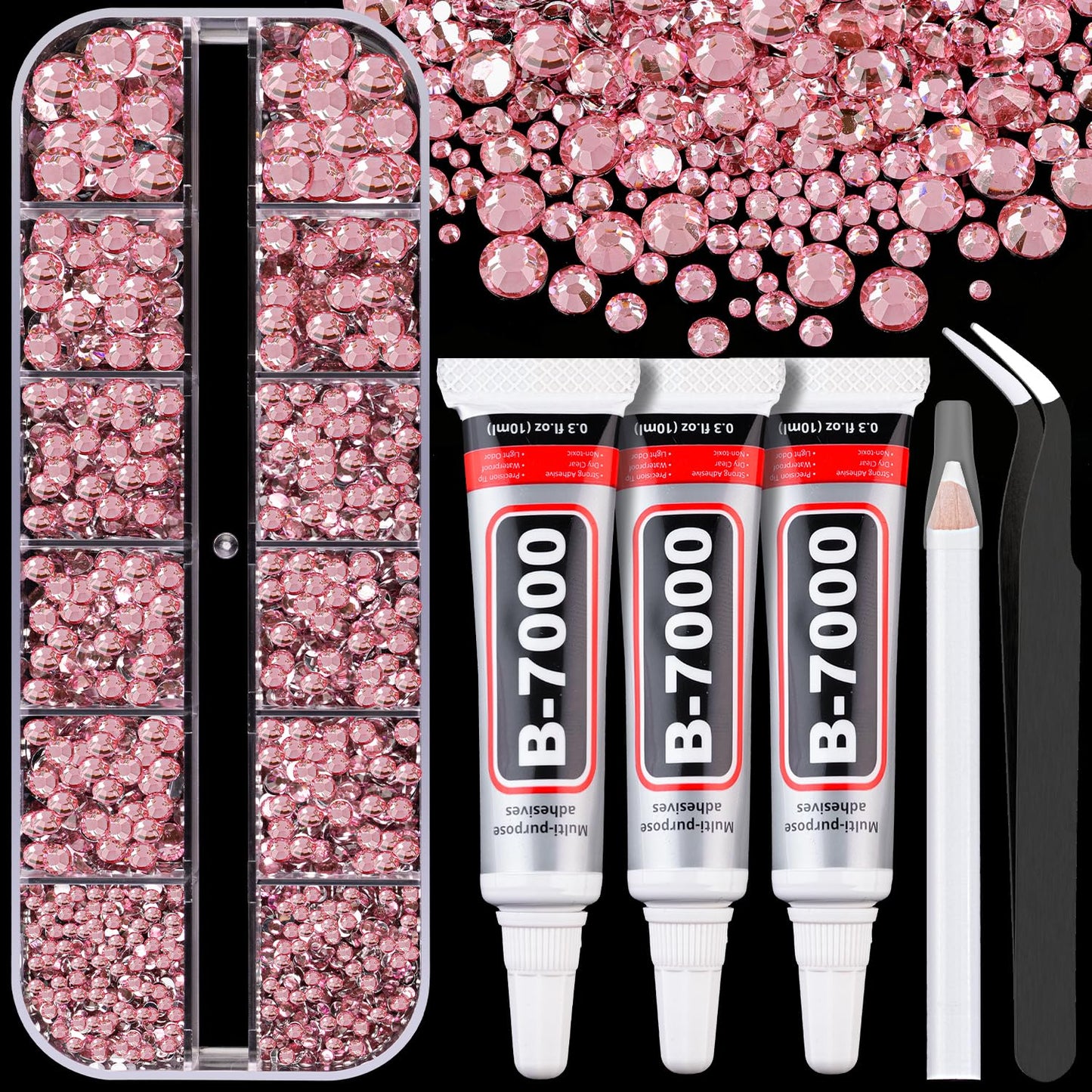 Resin Rhinestones for Crafting with B7000 Jewelry Glue, 1 Box Dark Pink Flatback Crystals with 3Pcs 10ml Glue for Bedazzling Crafts DIY Nail Art Makeup，Non Hotfix Gems for Clothing Shoes