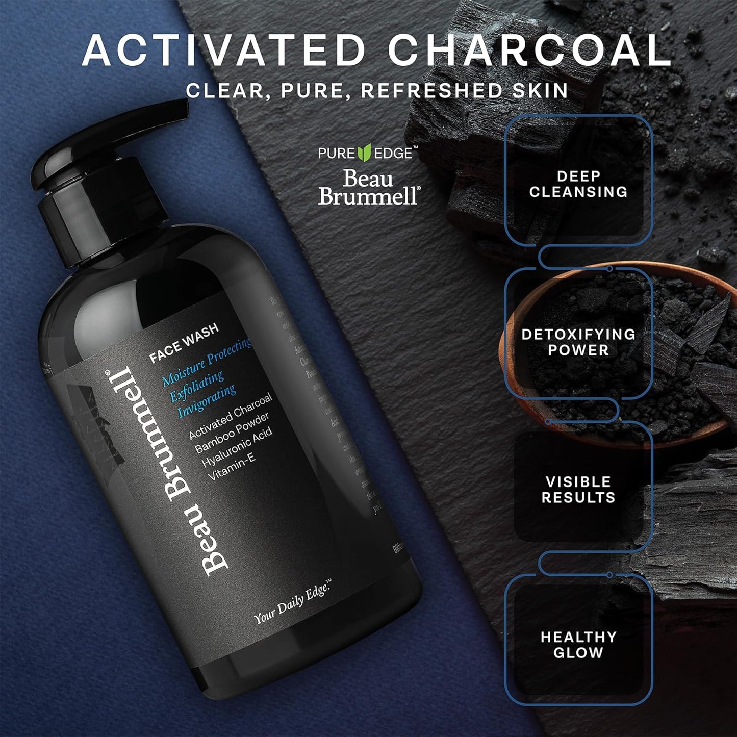 Beau Brummell for Men's Activated Charcoal Face Wash | Gentle Exfoliating Cleanser with Hyaluronic Acid, Bamboo Powder, Marine Plankton Extract, Vitamins A & E | 8 fl oz, Made in USA