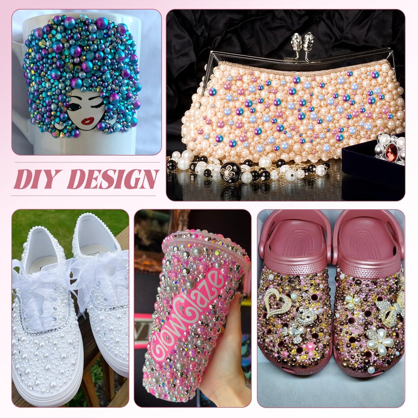 9000Pcs Flatback Pearls and Rhinestones for Crafting, Pink Purple White Mixed Size 3-8mm Resin Rhinestones and Half Pearls for Bedazzling, Nail Art with Tweezers and Pickup Pencil