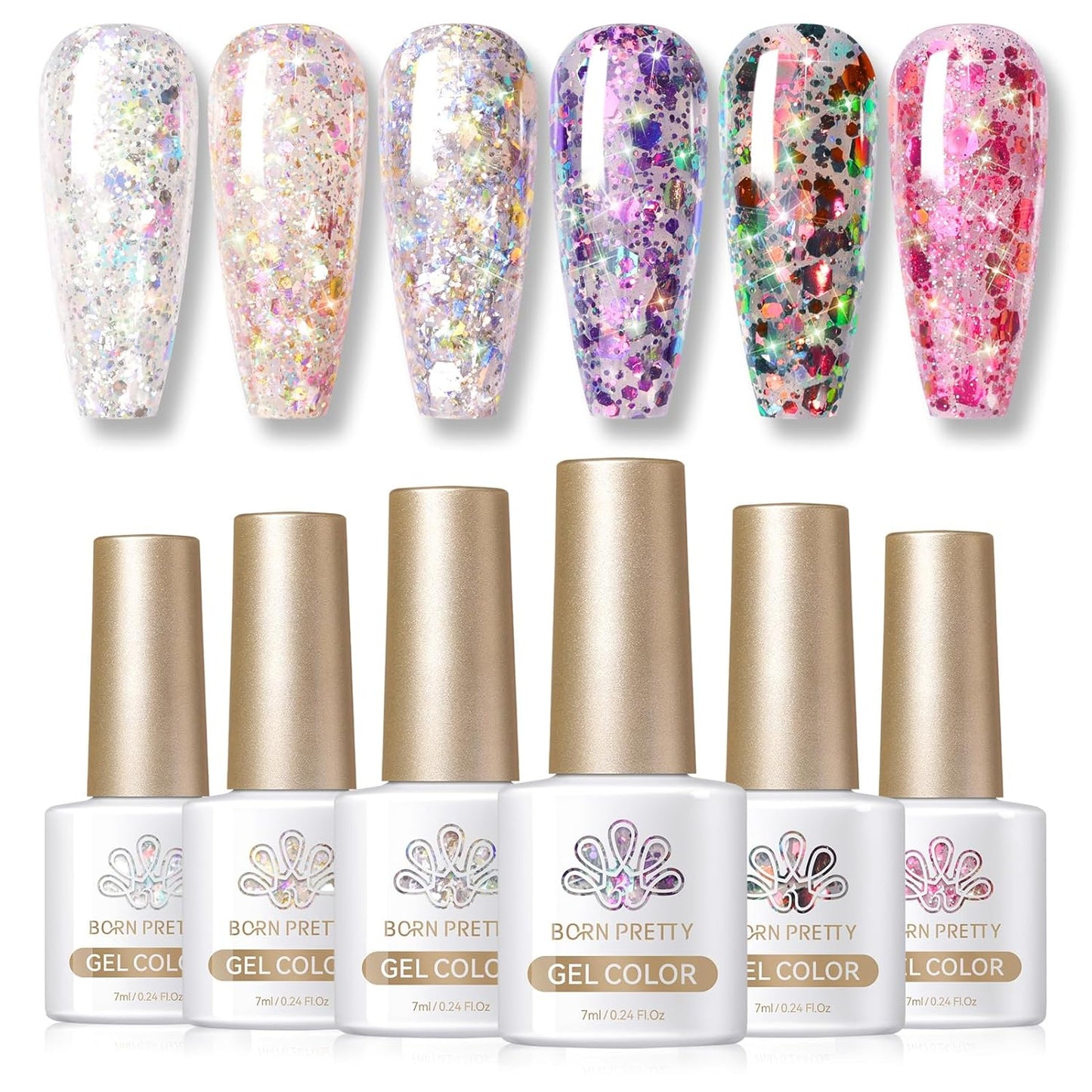 Born Pretty Glitter Sequins Gel Nail Polish Sparkly Shiny Pink Yellow Blue Green 6pcs 7ml Set Soak Off U V Nail Gel Nail Art Manicure Varnish Kit