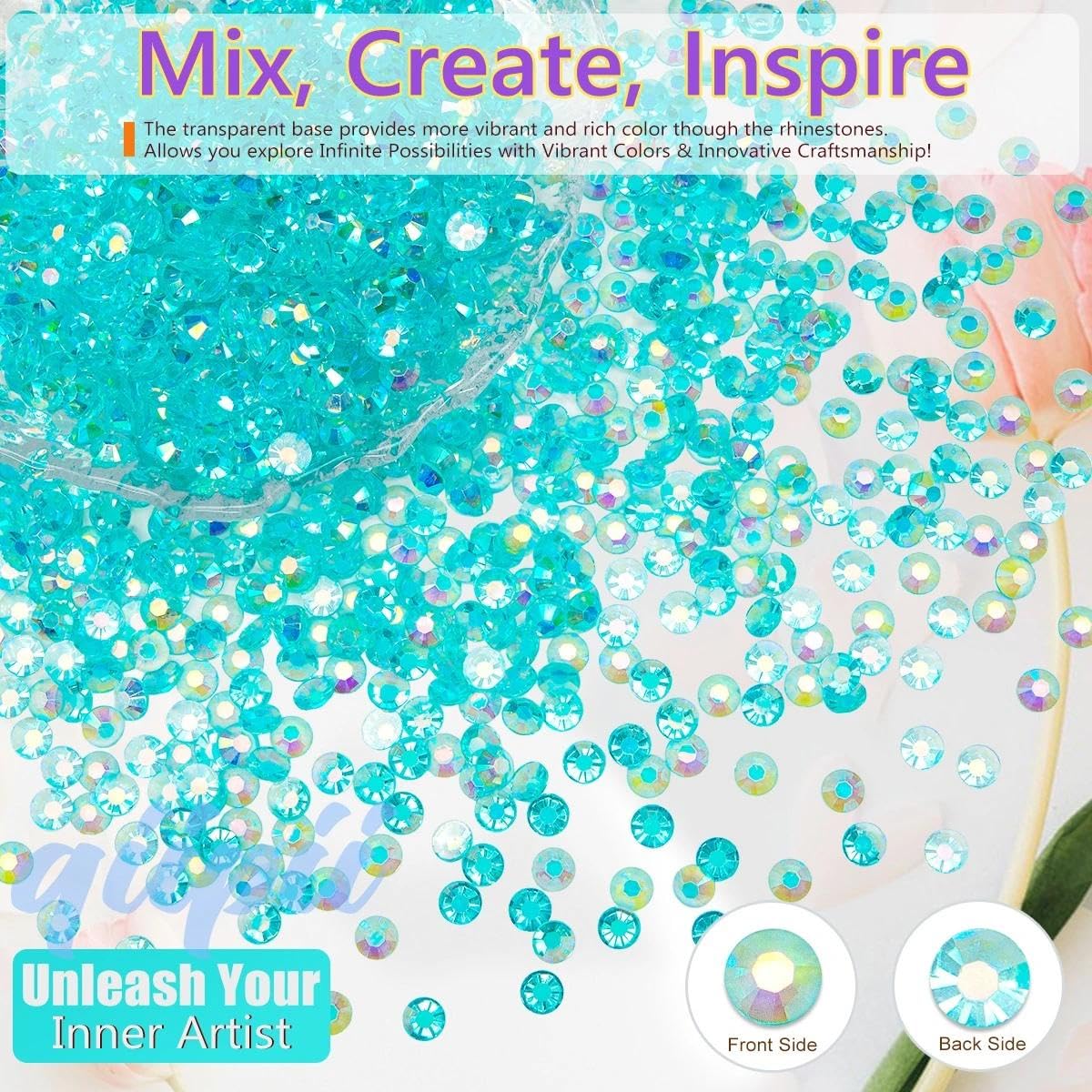 16000PCS Transparent Aquamarine AB Resin Rhinestones for Crafting 3mm 4mm 5mm Lake Blue Flatback Jelly Stone Bulk SS10 SS16 SS20 Water Blue Diamonds for Face Makeup Tumblers Bottles DIY Crafts