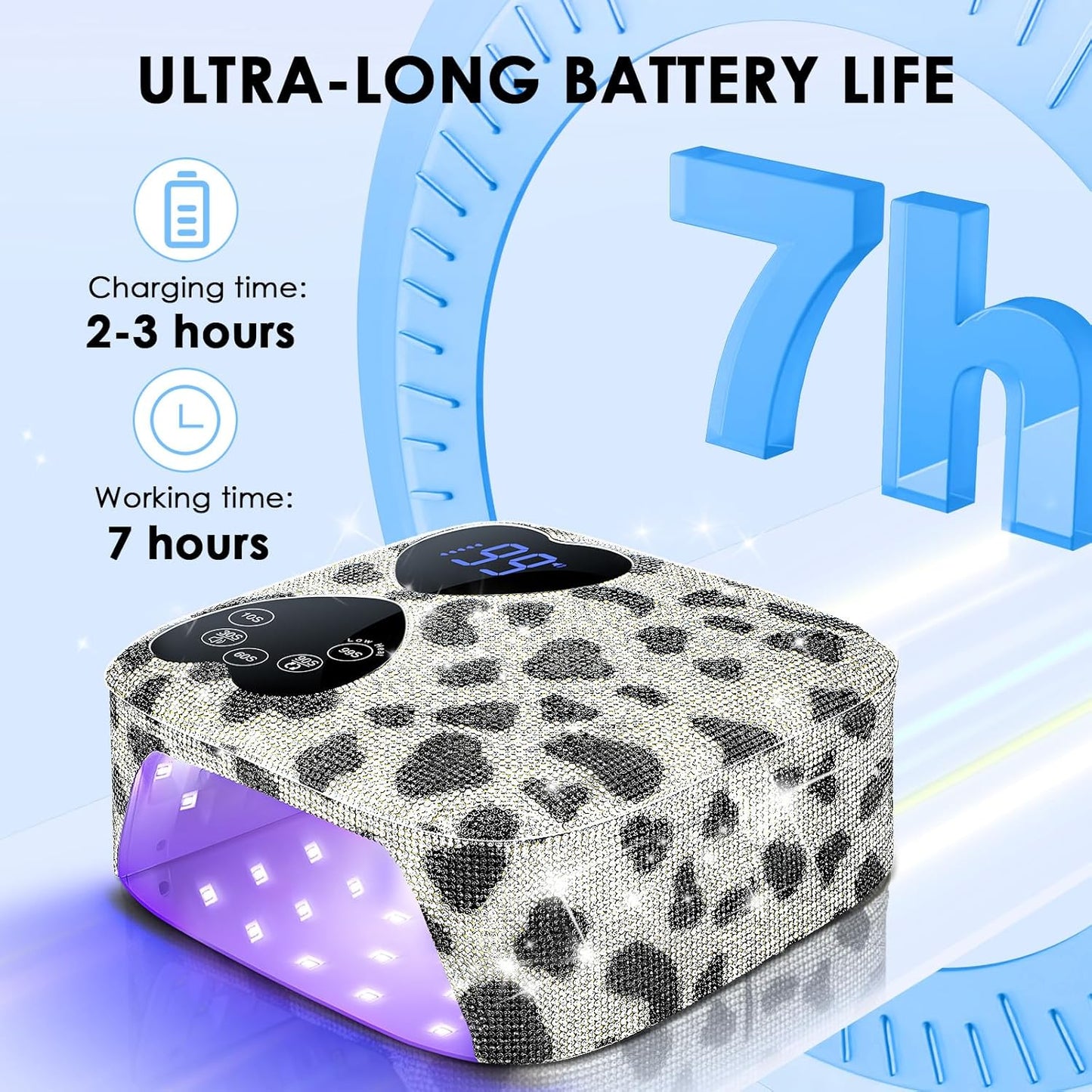 UV LED Nail Lamp Cordless, HUITINE 80W Rechargeable UV Light for Gel Nails with 5 Timers & Mirror Base, Professional Gel Light Dryer, Sparkling Rhinestones Curing Lamp for Salon & Home (Cow Diamond)