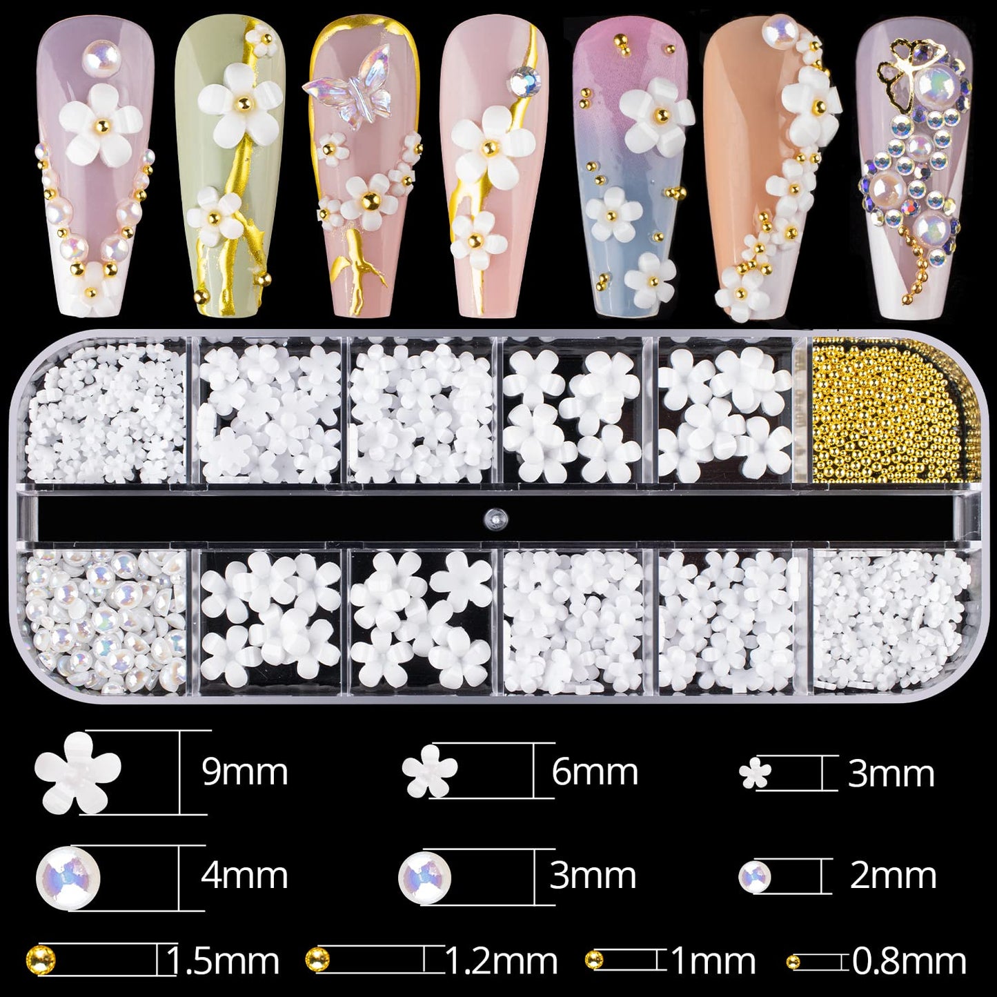 Mixed 3D Nail Art Gem Decoration Accessories Kit #6, Butterfly Starry AB Rhinestone Charm Jewelry for Deco, Pearl Flower Caviar Bead Stone Crystal with Dual-End Brush and Tweezer