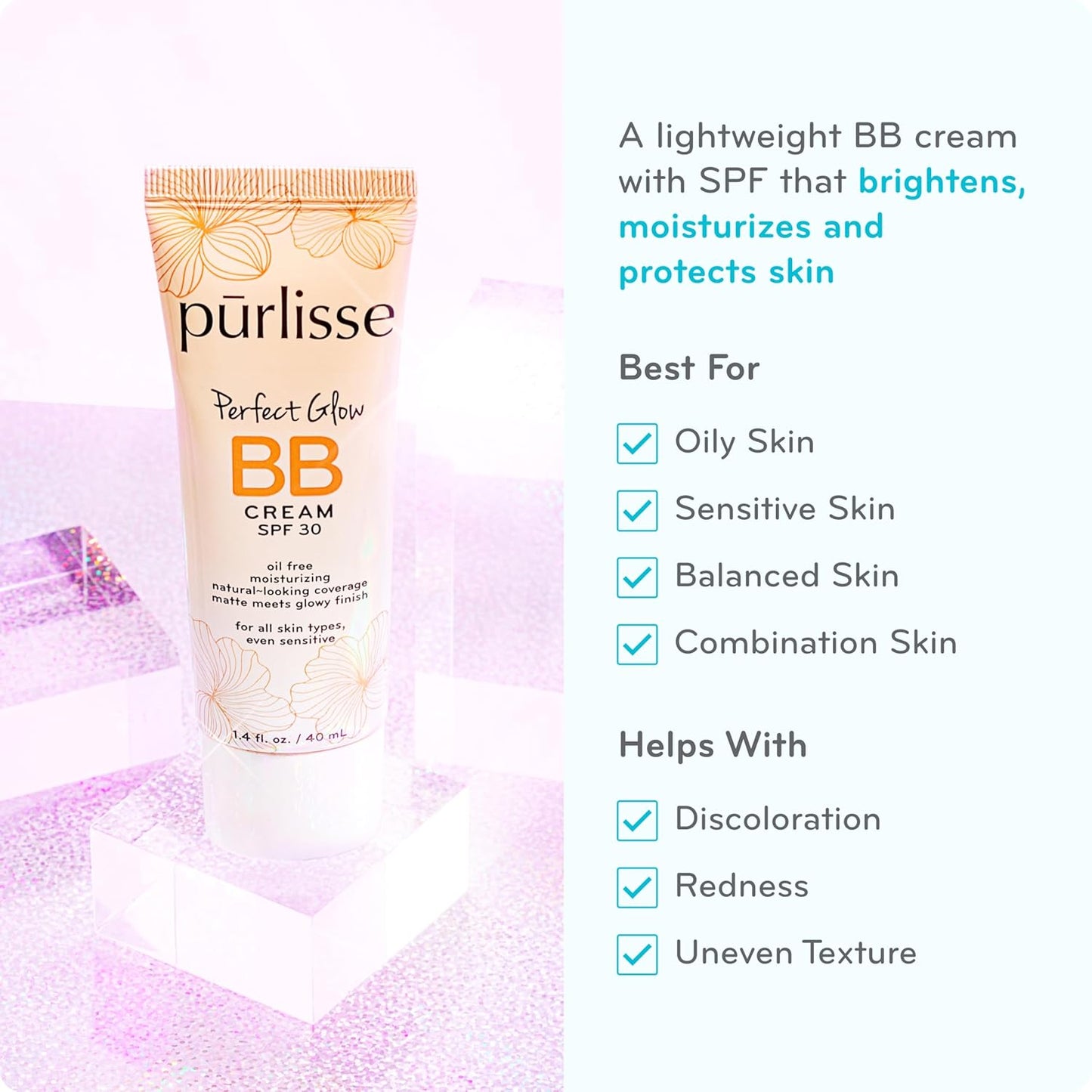 pūrlisse Perfect Glow BB Cream with SPF 30 - Matte Meets Dewy Finish - Enriched with Goji & Hawthorn Berry to Help Improve Skin Texture & Radiance - Tan Deep (1.4 oz)