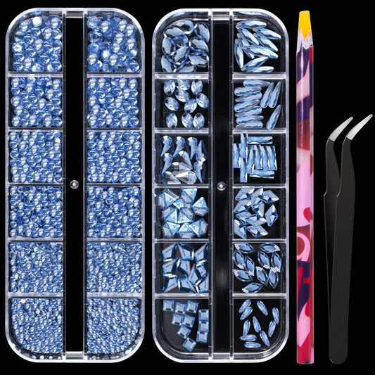 Multi Shapes Light Blue 3D Glass Crystal Nail Art Rhinestones Kit with Flatback Round Bead Charm Gem Stone Jewelry Diamond with Pickup Pen + Tweezer for Manicure Makeup DIY Craft Decoration