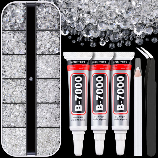 Resin Rhinestones for Crafting with B7000 Jewelry Glue, 1 Box Transparent Flatback Crystals with 3Pcs 10ml Glue for Bedazzling Crafts DIY Nail Art Makeup，Non Hotfix Gems for Clothing Shoes