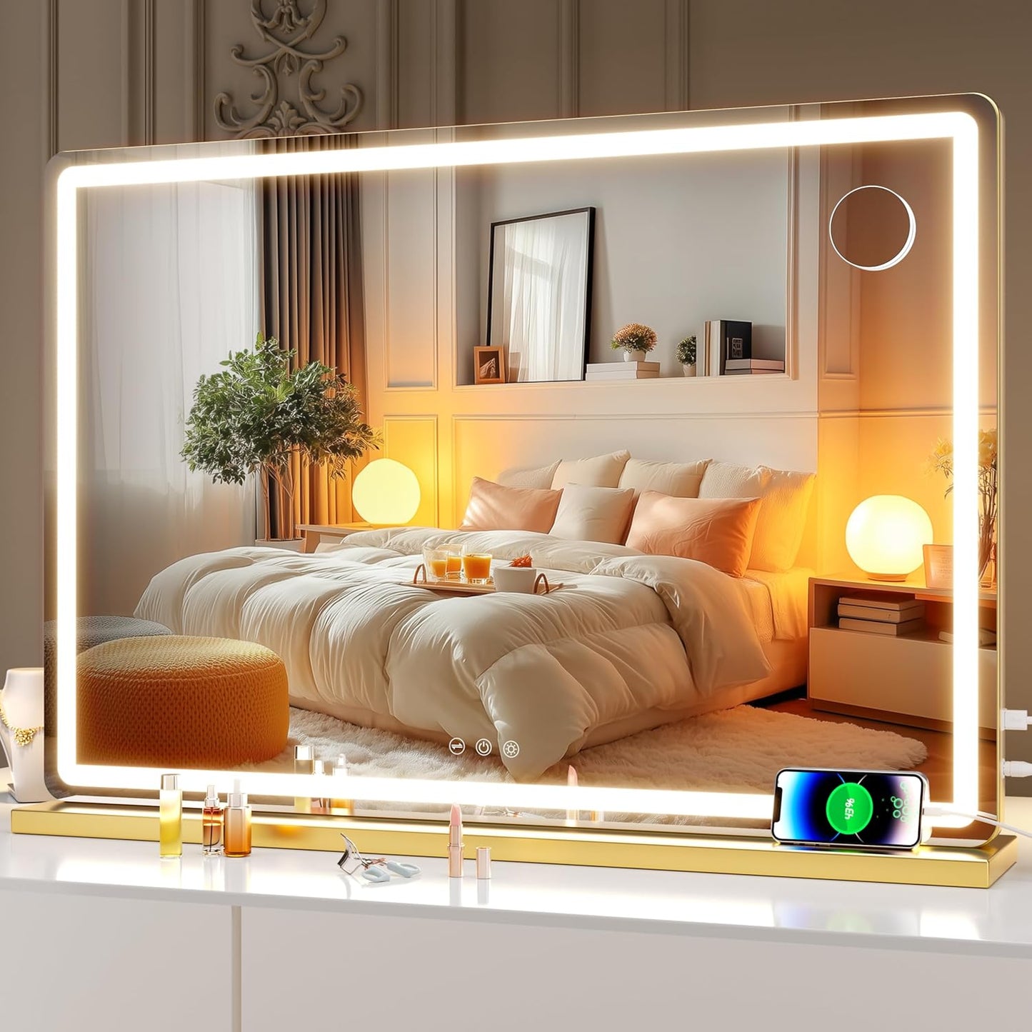 Hasipu Vanity Mirror with Lights, 31.5" x 22" LED Makeup Mirror, Lighted Makeup Mirror with Dimmable 3 Modes, Touch Screen Control Vanity Mirror Round Gold