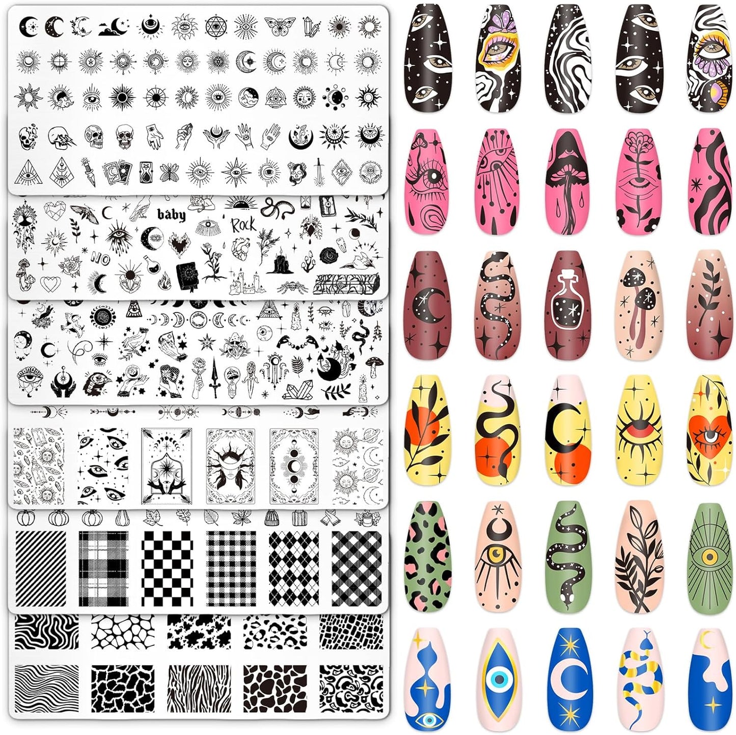 Whaline 6Pcs Gothic Halloween Nail Plates Stamping Set Skull Evil Eye Moon Stamp Templates Halloween Nail Art Plates for DIY Print Manicure Salon Design