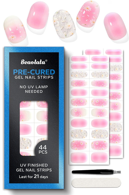 Pre Cured Gel Nail Strips - 44PCS Salon Quality Gel Nail Stickers - Long Lasting Polish Wraps for Women no UV Light Needed Easy Apply& Remove (PetalPink)