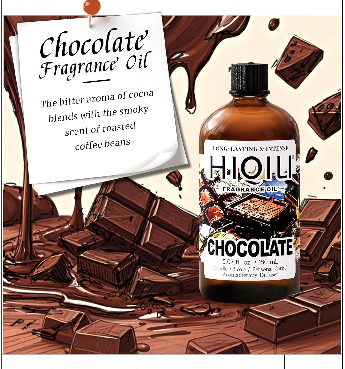HIQILI Chocolate Fragrance Oil for DIY Candle, Soap & Bath Salts Making, Long Lasting Scents for Home Essential Oil Diffuser - 5.07 Fl Oz