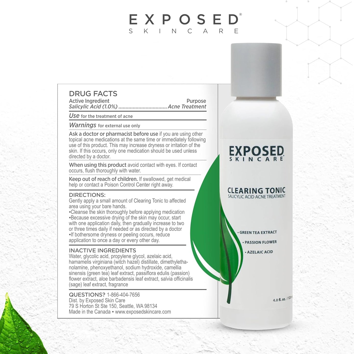 Exposed Skin Care Clearing Tonic Facial Toner with 1% Salicylic Acid and Witch Hazel for Acne Treatment – Pore Minimizing Toner to Prevent Breakouts, Reduce Redness and Balance Skin – Step 2 (4 fl oz)