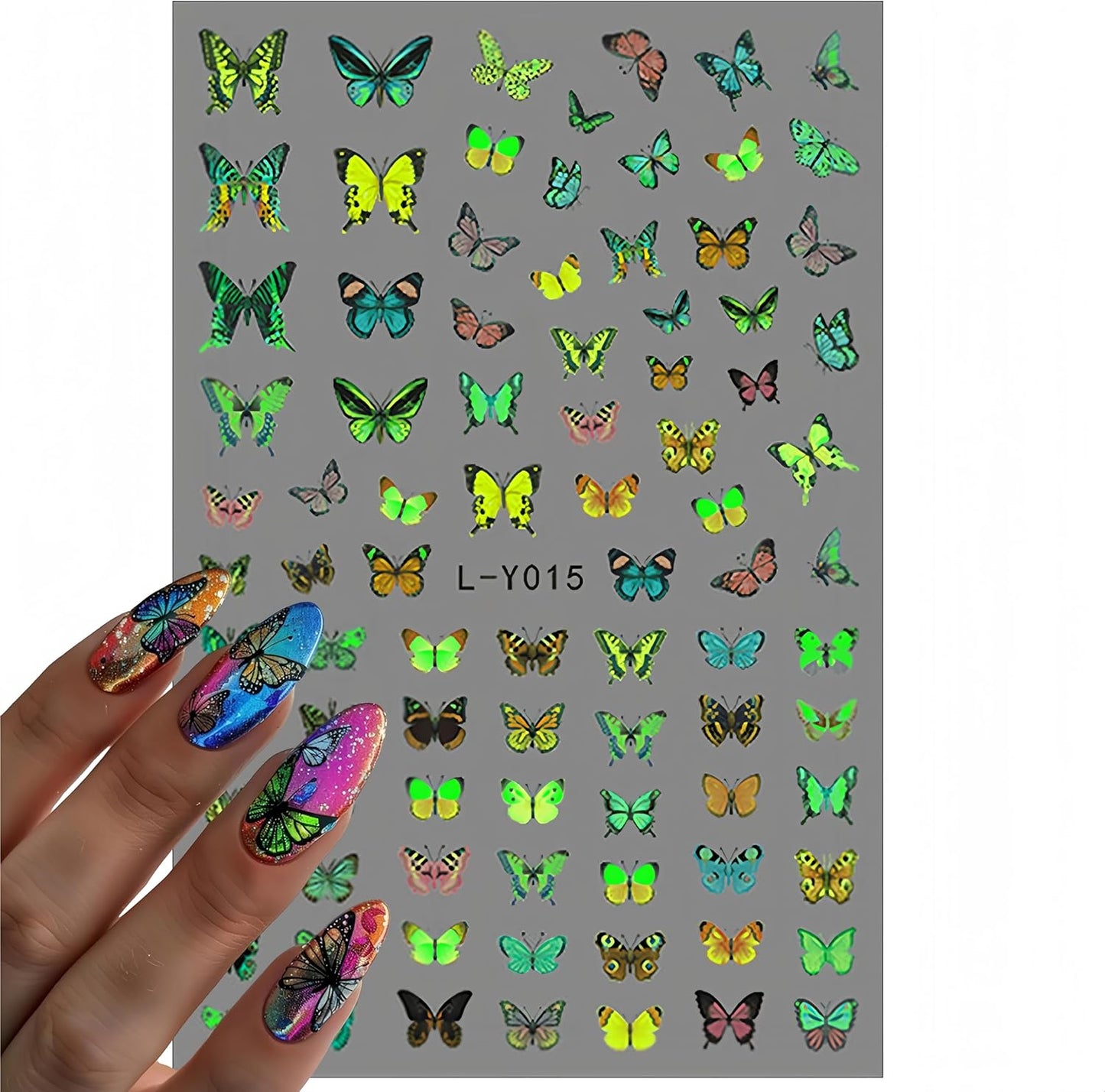 6 Sheets Luminous Butterfly Nail Art Stickers 3D Self-Adhesive Butterfly Nail Decals Holographic Butterflies Nail Art Supplies for Women Manicure Glow in The Dark Decoration Fluorescent Nail Decal