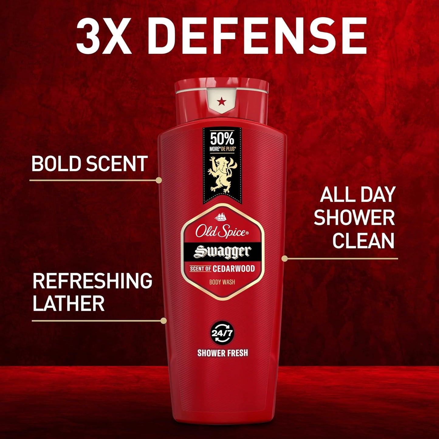 Old Spice Refreshing Body Wash for Men, 3X Defense, 24/7 Shower Fresh with Long Lasting Scent, Red Collection, Swagger with Cedarwood Scent, 24 oz (Pack of 4)