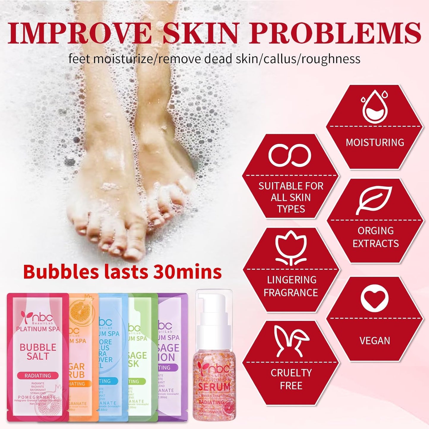 Pedicure Foot Soak Set - Upgraded 6 in 1 Foot Spa, Foot Bath Spa, Pedicure Kit, Foot Soak for Tired & Dry Cracked Feet, Athletes Feet and Calluses (Pomegranate)