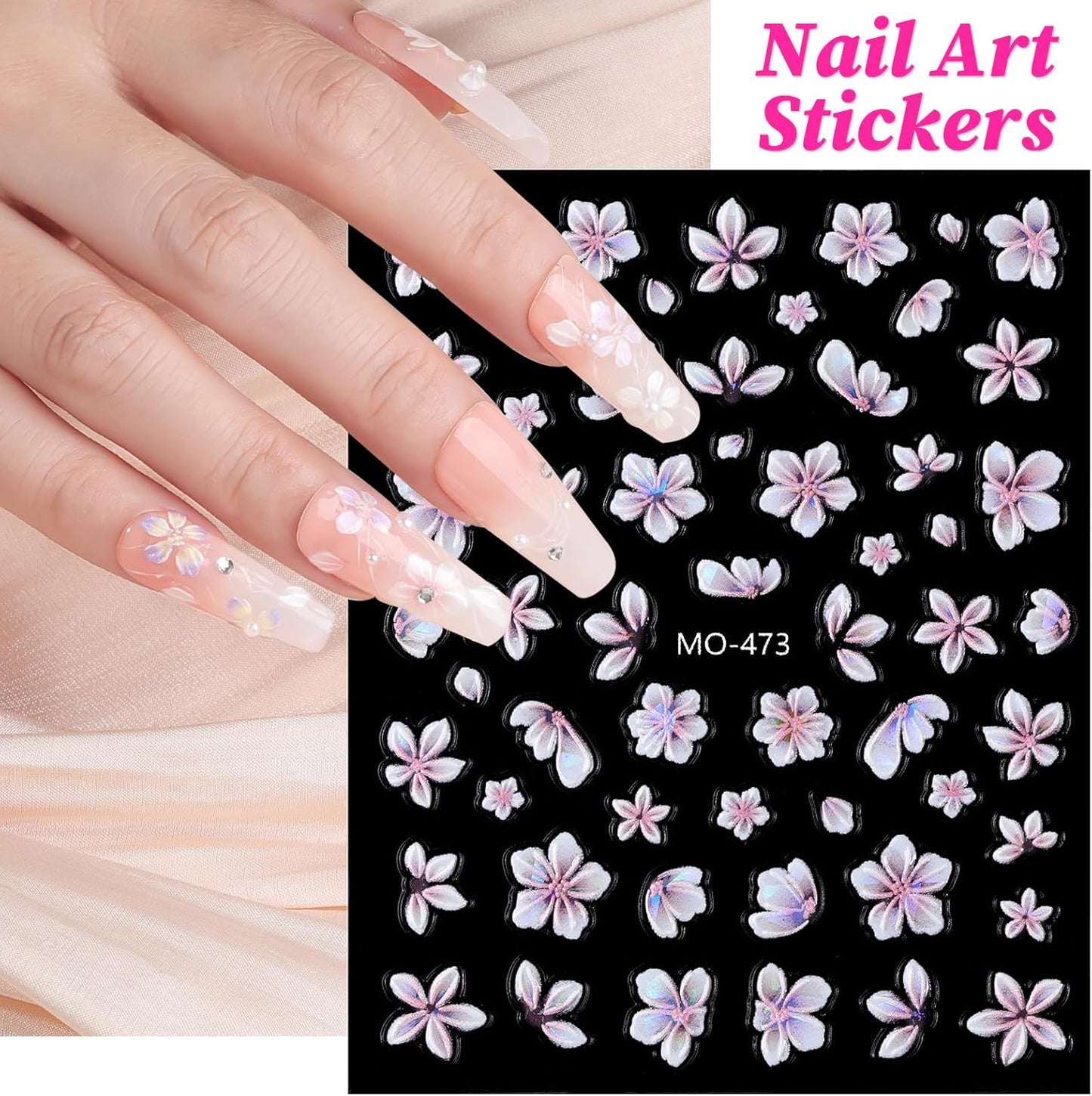 Flower Nail Stickers 6 Sheets Self-Adhesive Floral Nail Decals 5D Embossed Pink Purple White Nail Art Stickers for Women DIY Manicure Accessories Decorations