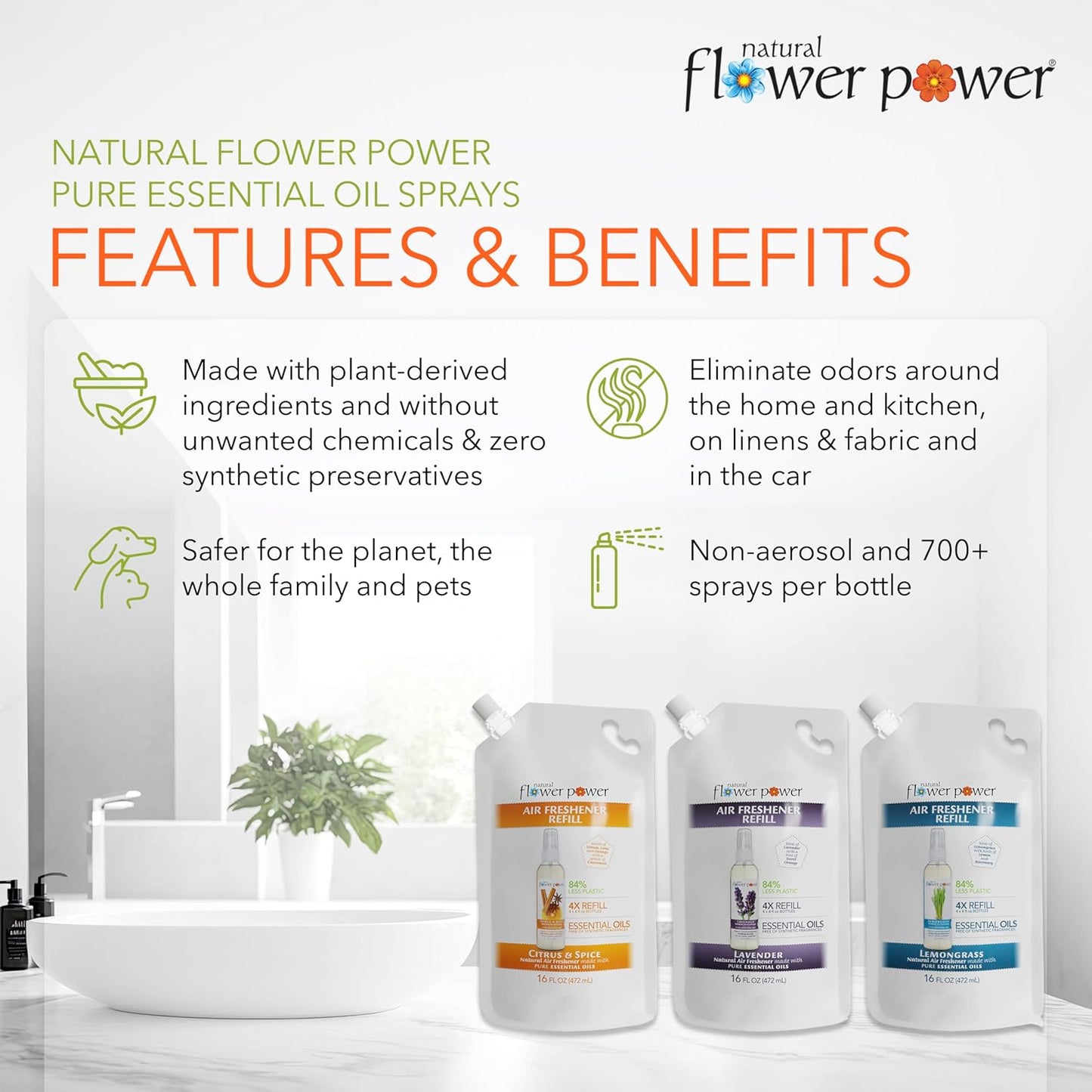 Air Freshener Spray Refills - Odor Eliminator w/Essential Oils - Home, Car & Fabric - Cruelty Free & Vegan - Variety Pack - Citrus & Spice, Lavender, Lemongrass - 3 x 16 fl oz