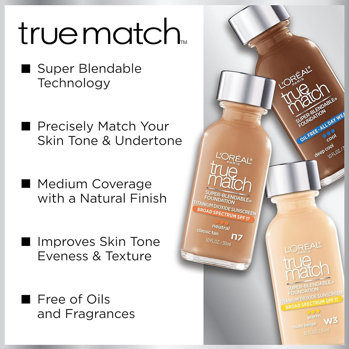 L'Oreal Paris Makeup True Match Super-Blendable Liquid Foundation, Crème Café W8, 1 Fl Oz,1 Count