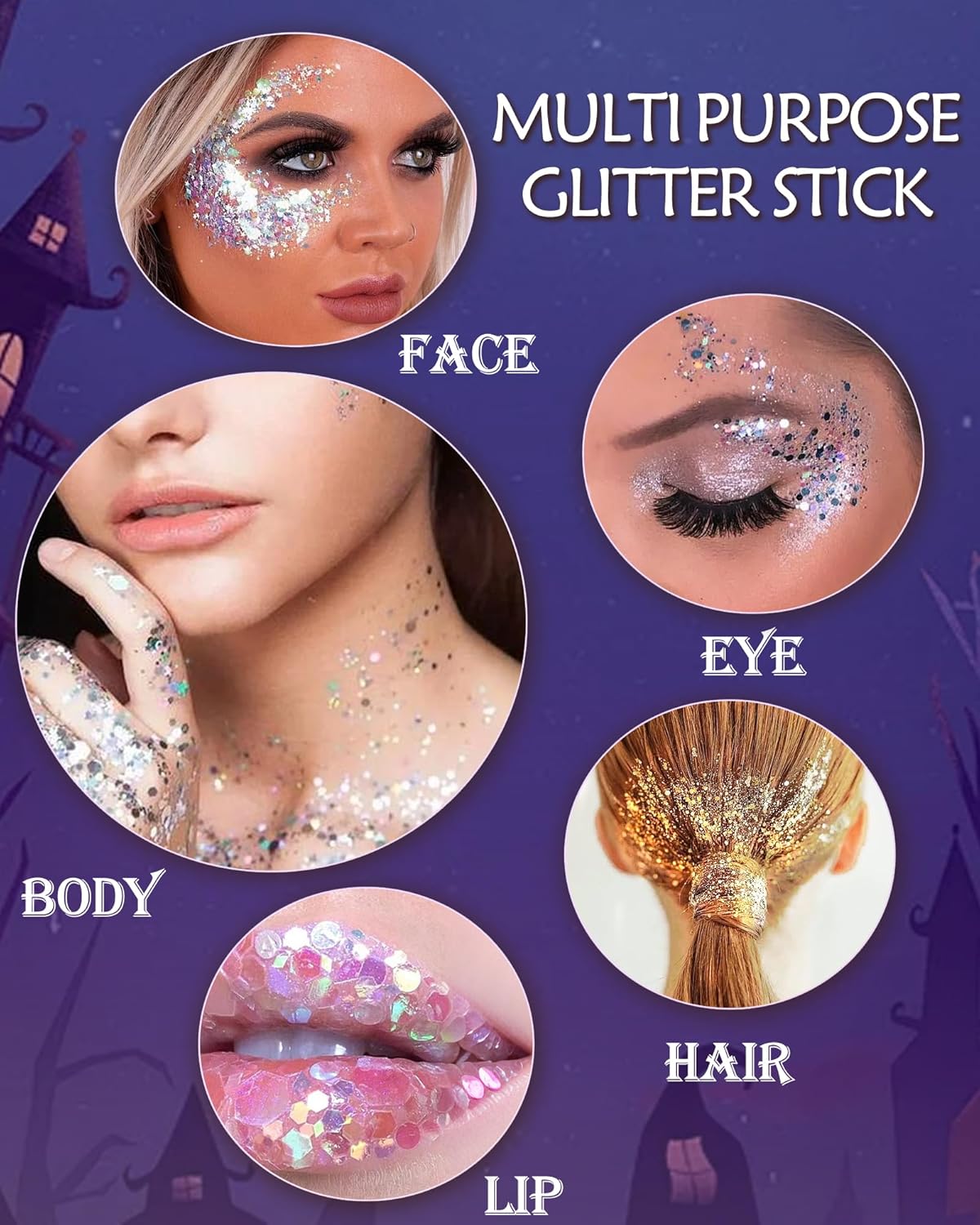 Body Glitter Stick, Waterproof Long Lasting Sparkling Face Shimmer Makeup, Singer Concerts Disco Music Halloween Festival Rave Accessories, Holographic Chunky Sequins Hair Stick,Gift for Women girl-02