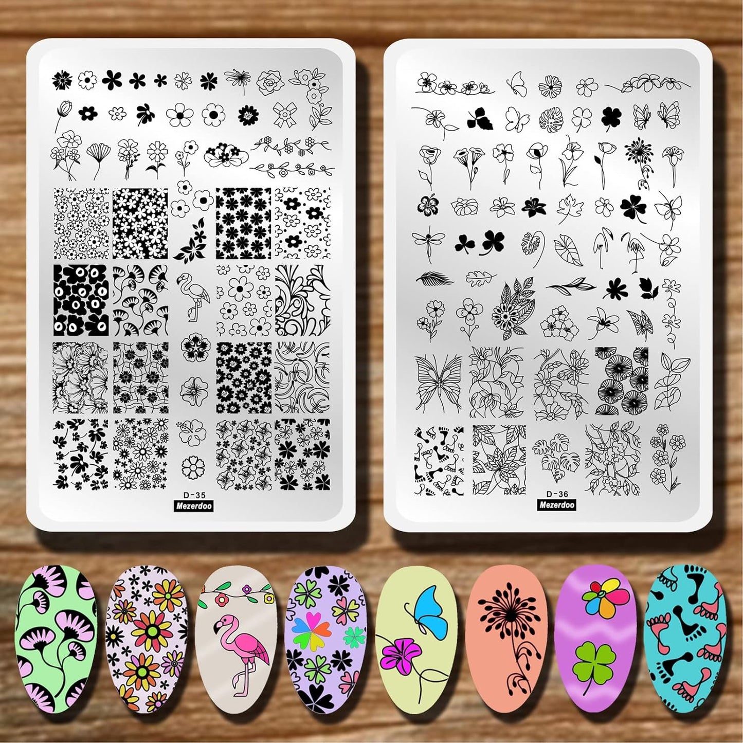Flowers Leaf Nail Stamping Plates 2pcs Large Nail Stamper Plate Daisy Flower Flamingo Butterfly Image Stamp Templates Reusable Stencils Clover Plantillas Manicure Stamping Plate Template for Girls