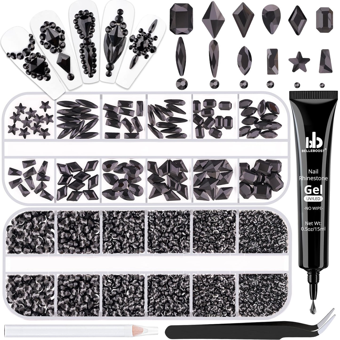 3220Pcs Black Glass Nail Rhinestones 120Pcs Multi Shapes Flatback Nail Gems + 3100Pcs 1.5-4mm Round Crystal with Rhinestones Glue Gel, Manicure Nail Charms Diamond Gemstones for Nail Art