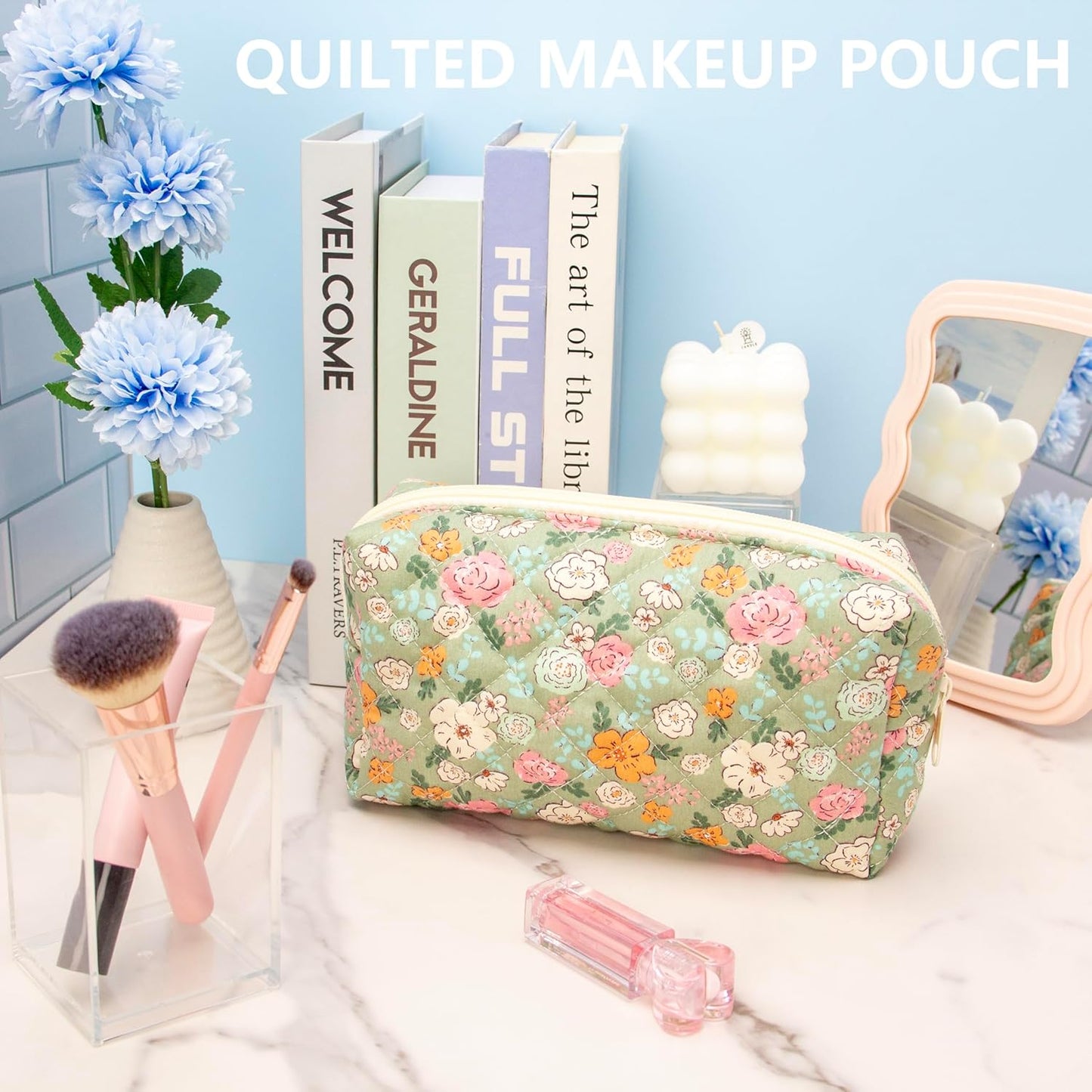 PAZIMIIK Vintage Quilted Makeup Bag Cosmetic Pouch for Brushes Pencils and Travel Make Up Accessories for Women and Girls Floral Green
