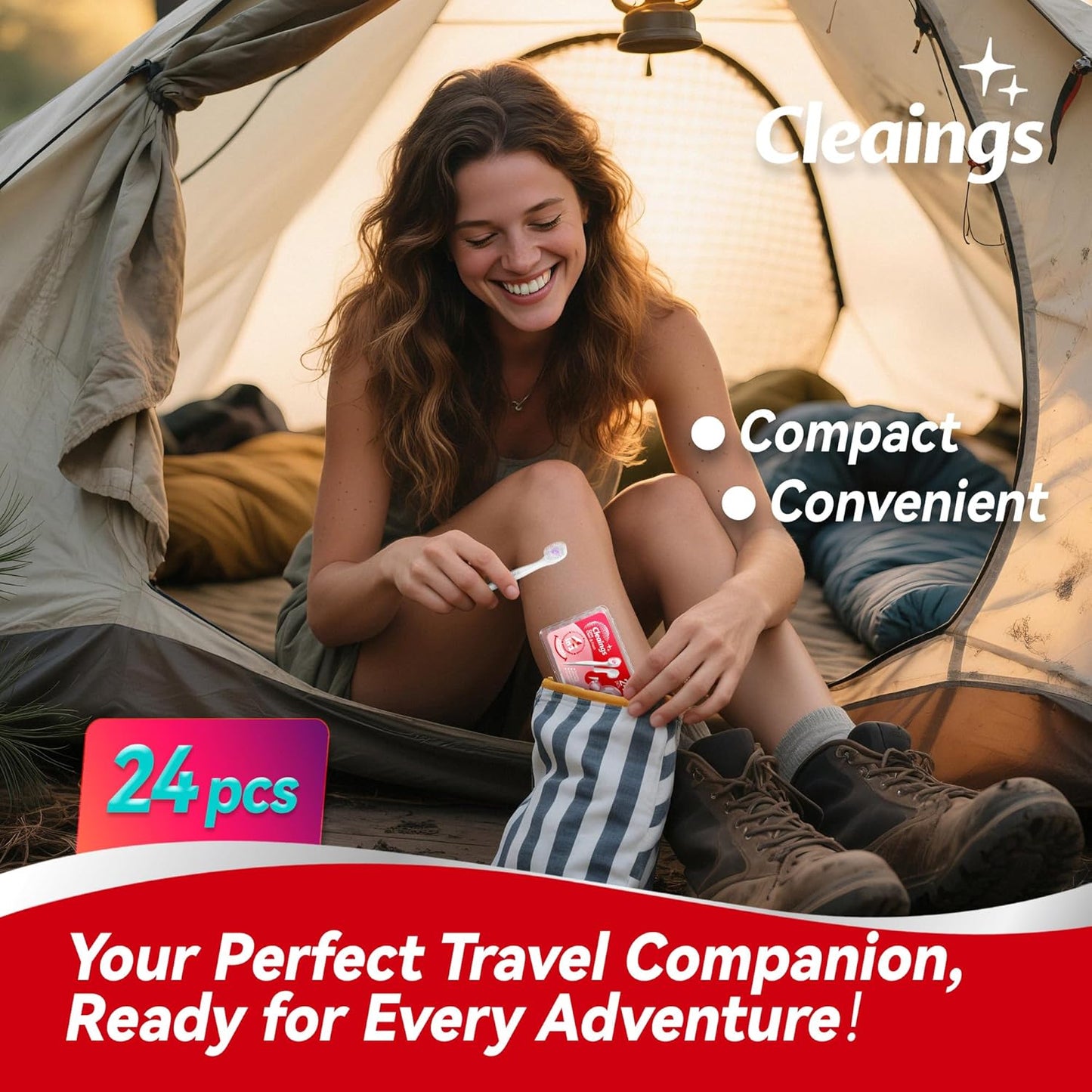 cleaings® Mini Disposable Toothbrush Set with Toothpaste – Travel Essentials, Portable Toothbrush for Women & Men, Camping, Road Trip, Vacation, 24 Count-Ice Strawberry Flavor（Pack of 5）