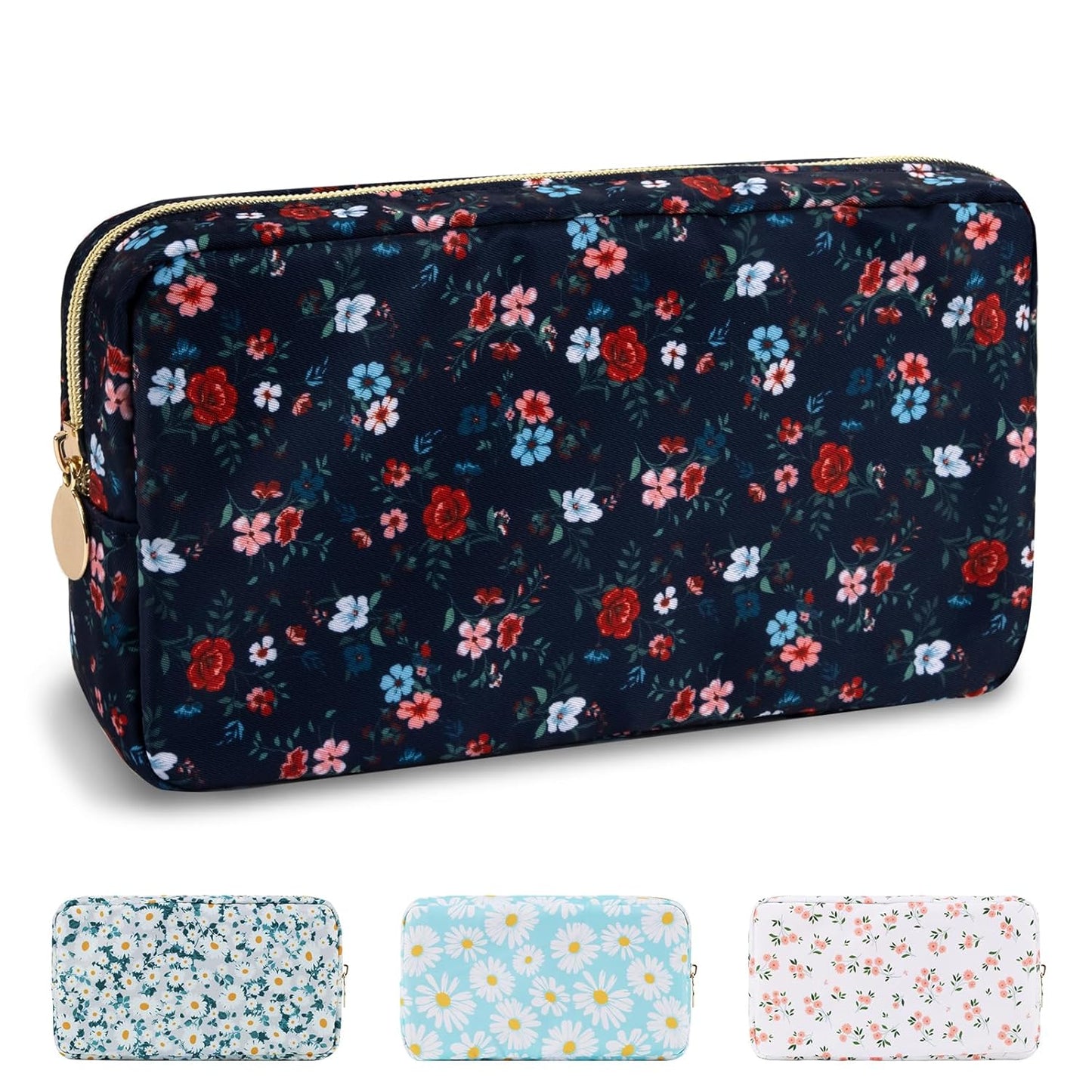 Waterproof Small Floral Makeup Bag Pouch for Purse,Nylon Flower Cosmetic Bag Preppy Travel Toiletry Storage Bag for Women Girl,Cute Makeup Organizer Bag Skincare Bag with Zipper(Small Black-Flowers)