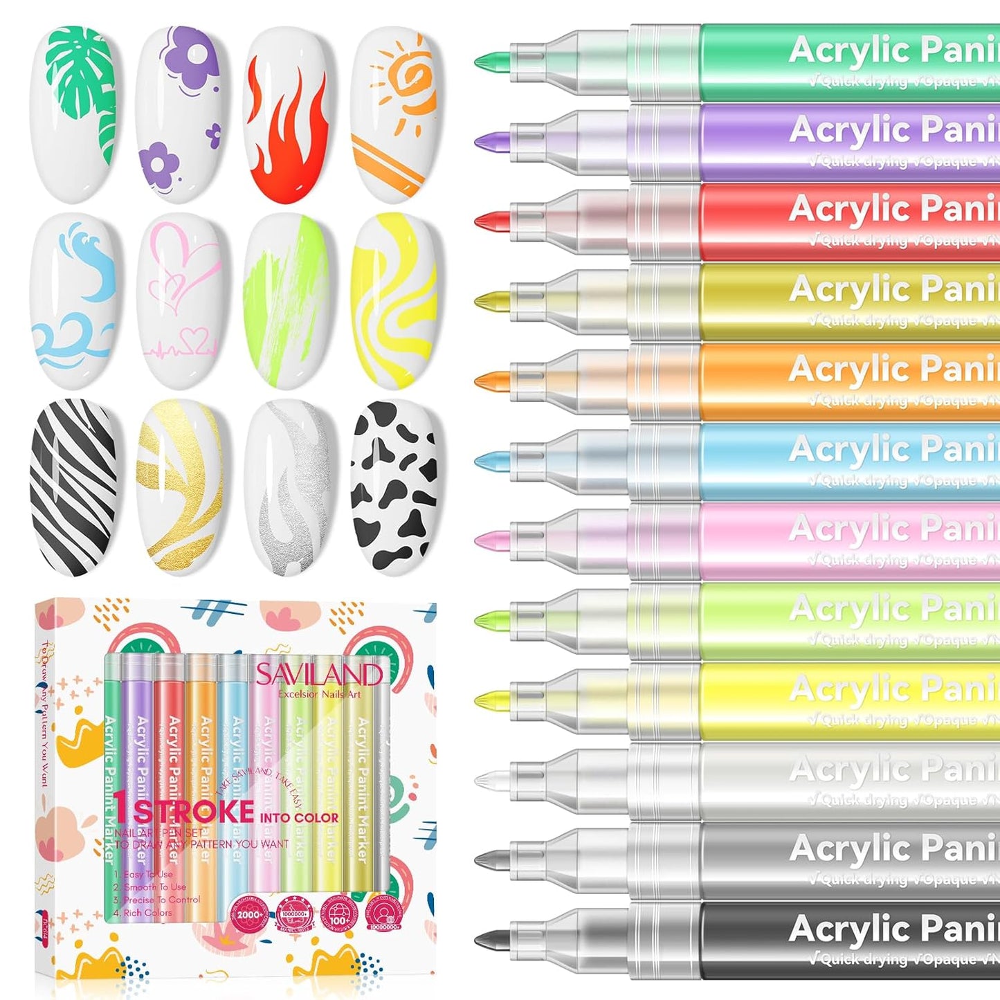 Saviland 12 Colors Nail Art Pens Set - 3D Nail Polish Pens Acrylic Paint Pens Nail Markers for Nail Art Drawing Painting Nail Point Dotting Liner Pen Manicure Tools Nail Design Kit Home Nail Salon DIY