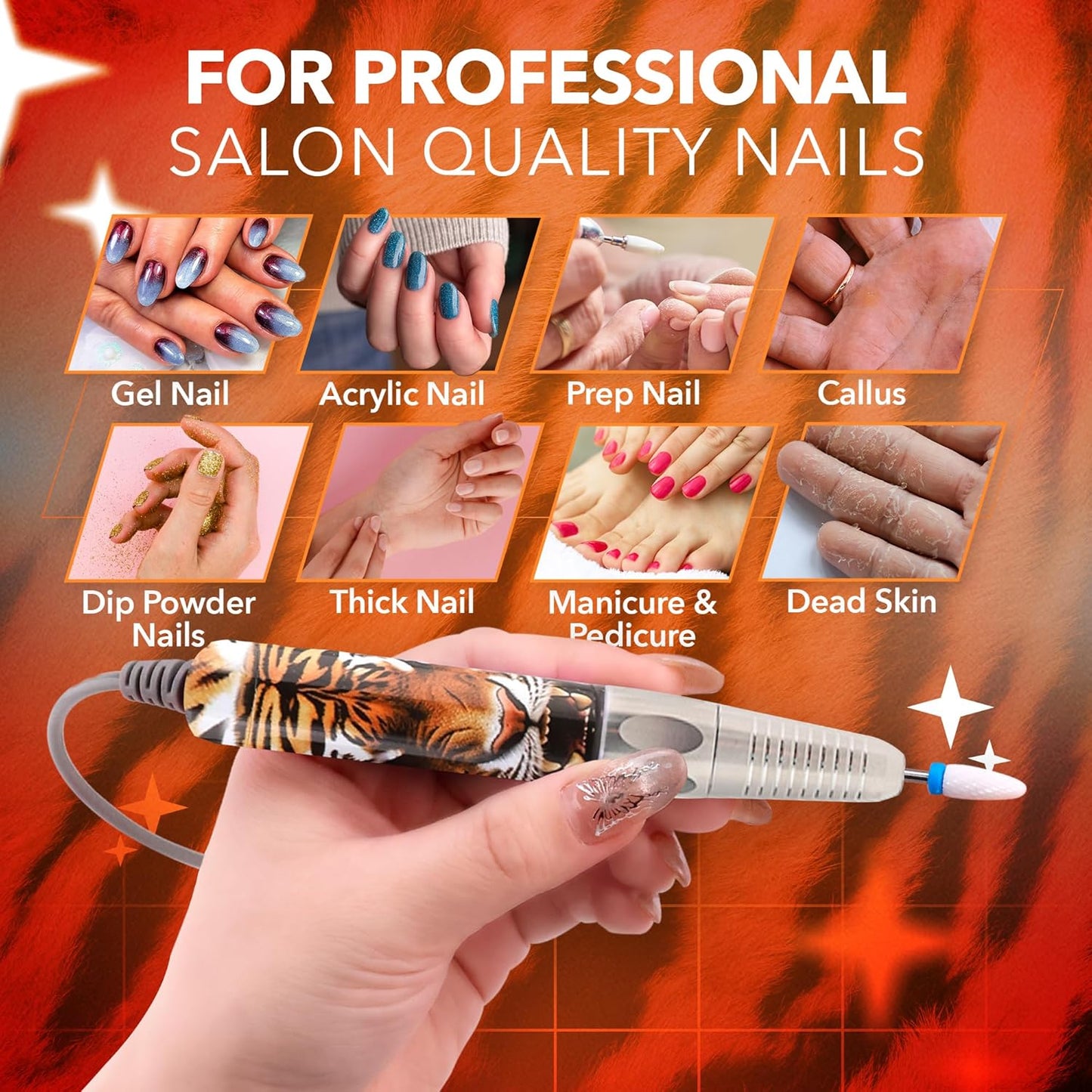 M Max - Nail Drill Professional - 2-in-1 Brushless Motor Nails Drill Machine - Electric, Cordless, Aluminium Alloy Casing, 35000 RPM, HD Display - Perfect for Salon & Home Use Special Edition - Tiger