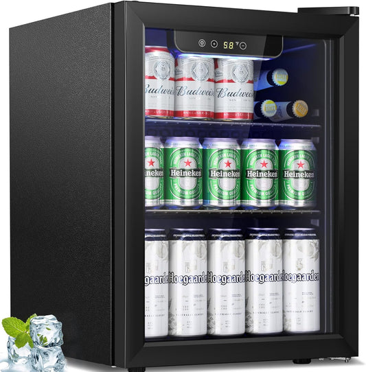Antarctic Star Beverage Refrigerator Cooler-68 Can 16 Bottle Mini Fridge for Soda Beer Wine Champagne,Glass Door, Drink Dispenser, Knob Control,for Home and Bar,1.7Cu.Ft,Black