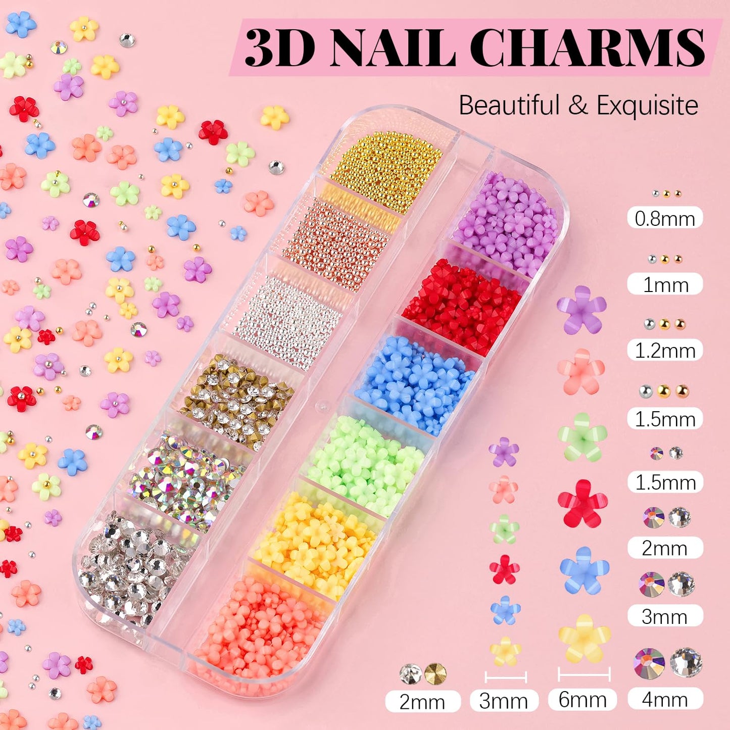 3D Flowers Nail Charms and Gems with Nail Rhinestone Glue Gel, Cute Colorful Acrylic 3D Flowers for Nails with Caviar Beads, Rhinestones for Nails and Gem Glue with Pickup & Dotting Tools